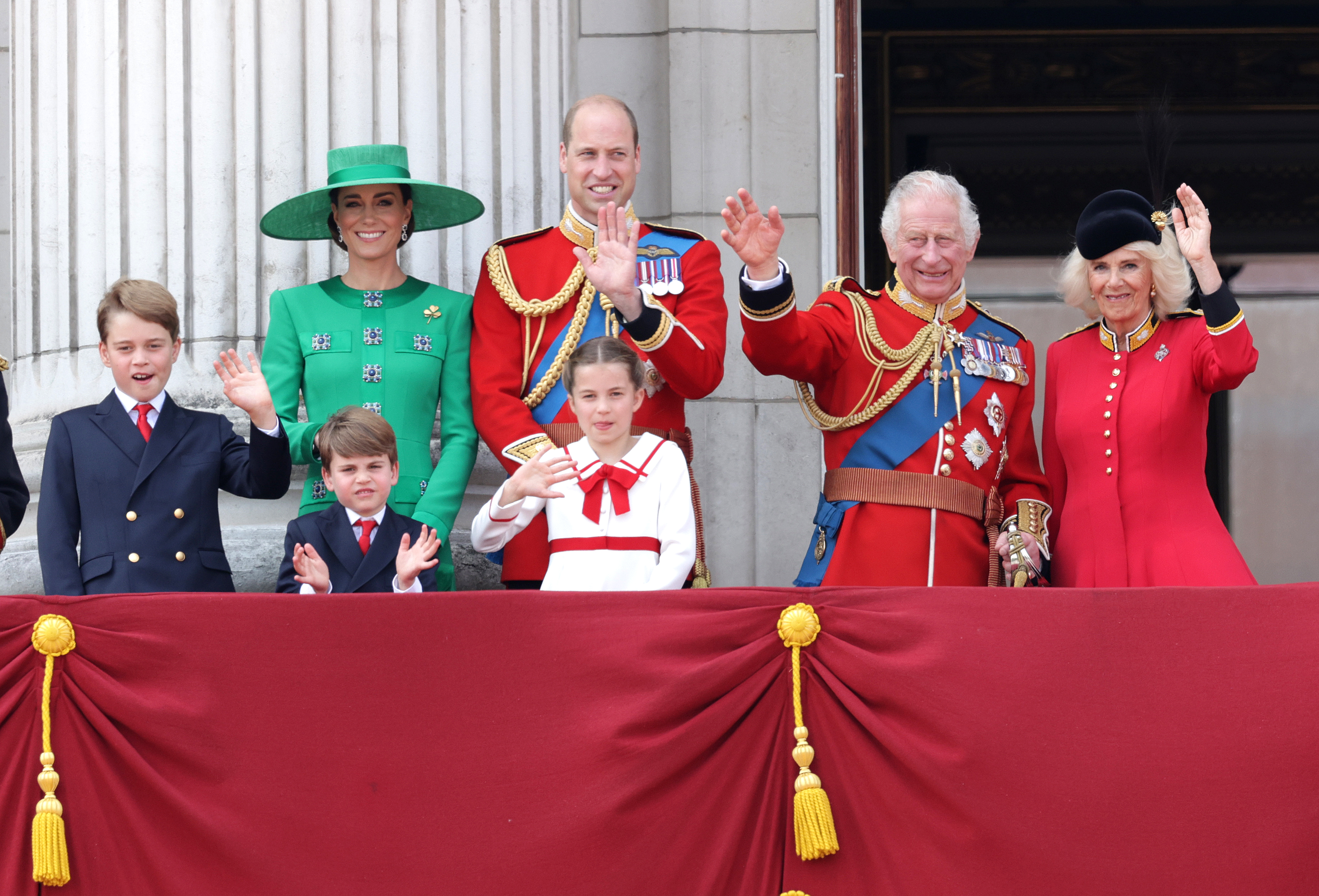 Prince Louis, Princess Charlotte, Prince George, Princess Catherine, Prince William, Queen Camilla, and King Charles III on the Buckingham Palace balcony during Trooping the Colour on June 17, 2023 in London, England | Source: Getty Images