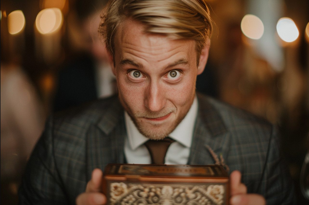 A groom holding a decorative wooden box | Source: MidJourney