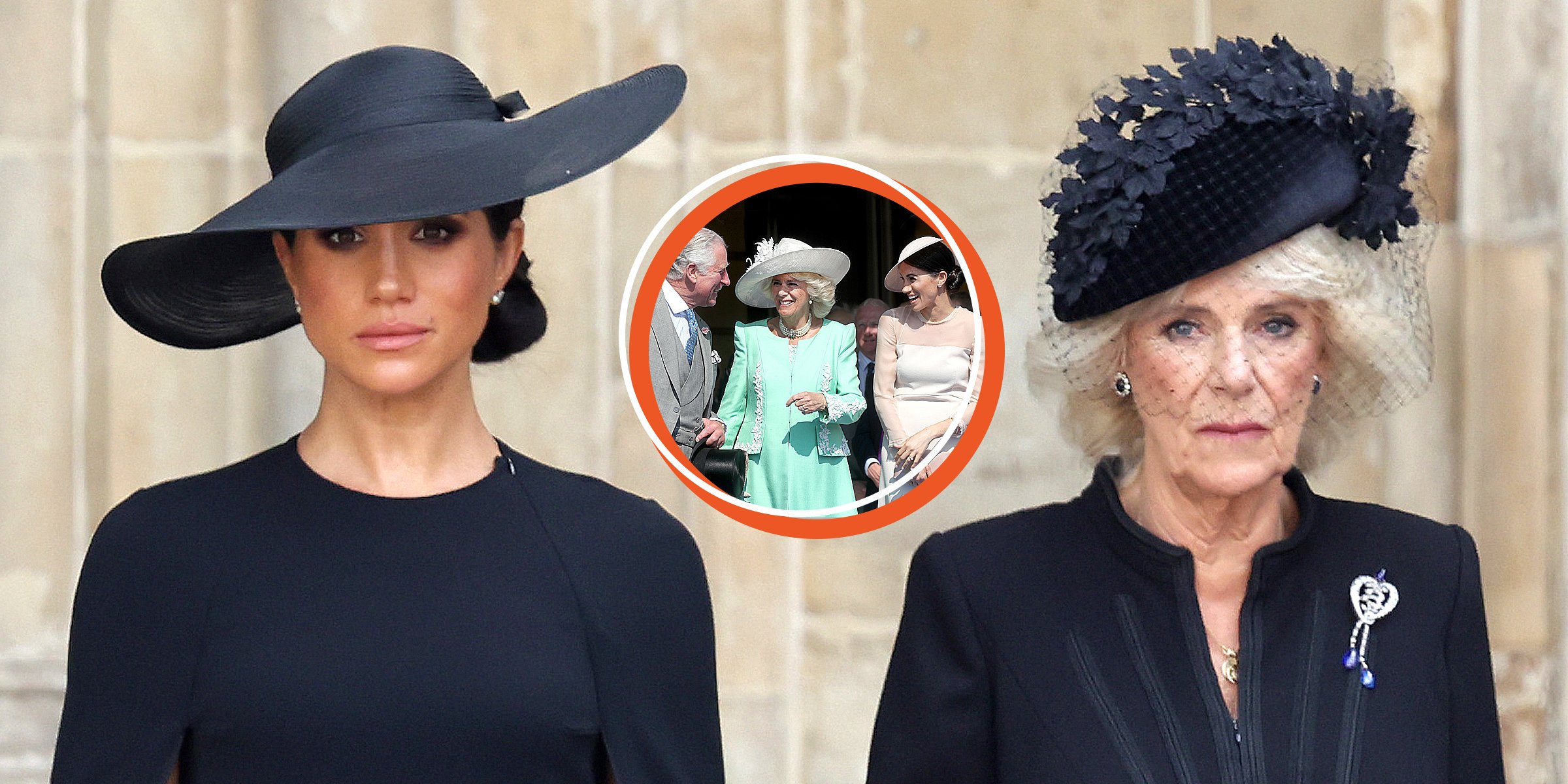 Queen Consort Camila and Meghan Marke | Camilla, King Charles and Meghan [Inset] | Source: Getty Images