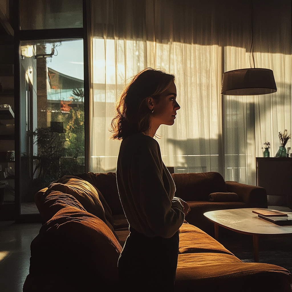 Anxious woman in a large living room | Source: Midjourney