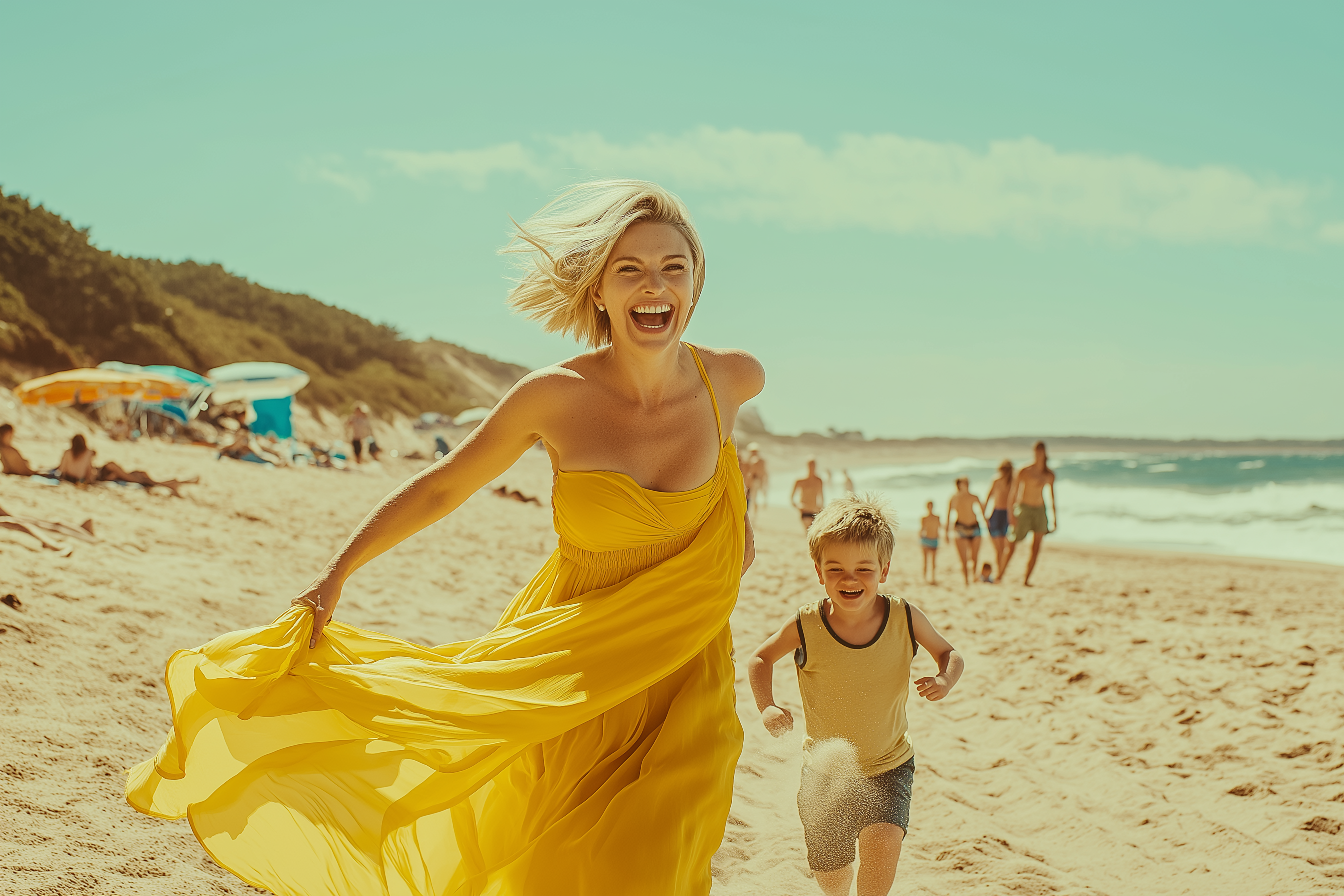 A mother and son running at the beach | Source: Midjourney