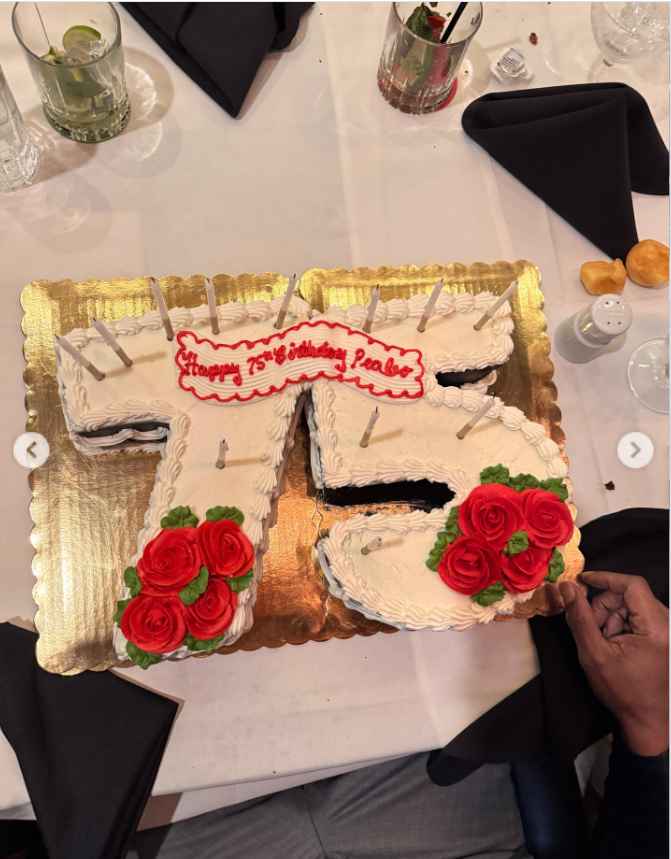 A custom cake created for Peabo Bryson's 75th birthday celebration is seen during the April 2026 gathering. The cake featured a large "75" design and a birthday message honoring the singer. | Source: Instagram/peabobryson2