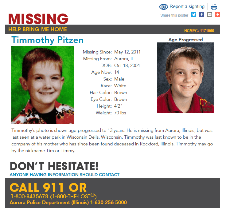 Missing Child Poster For Timmothy Pitzen | Source: Aurora Police Department (Illinois) & missingkids.org