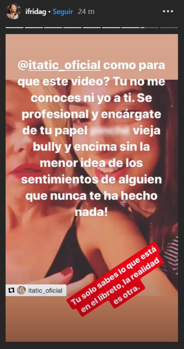 Story de Frida Sofía en su Instagram reclamando a Itatí Cantoral por su publicación. | Foto: Instagram/ Ifridag