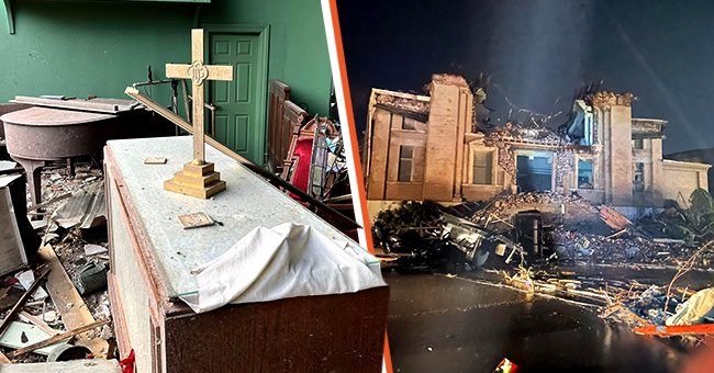 A church altar carved with Leonardo da Vinci’s “The Last Supper” [left]; The almost completely destroyed First Christian Church [right]. │Source: facebook.com/fccmayfieldky