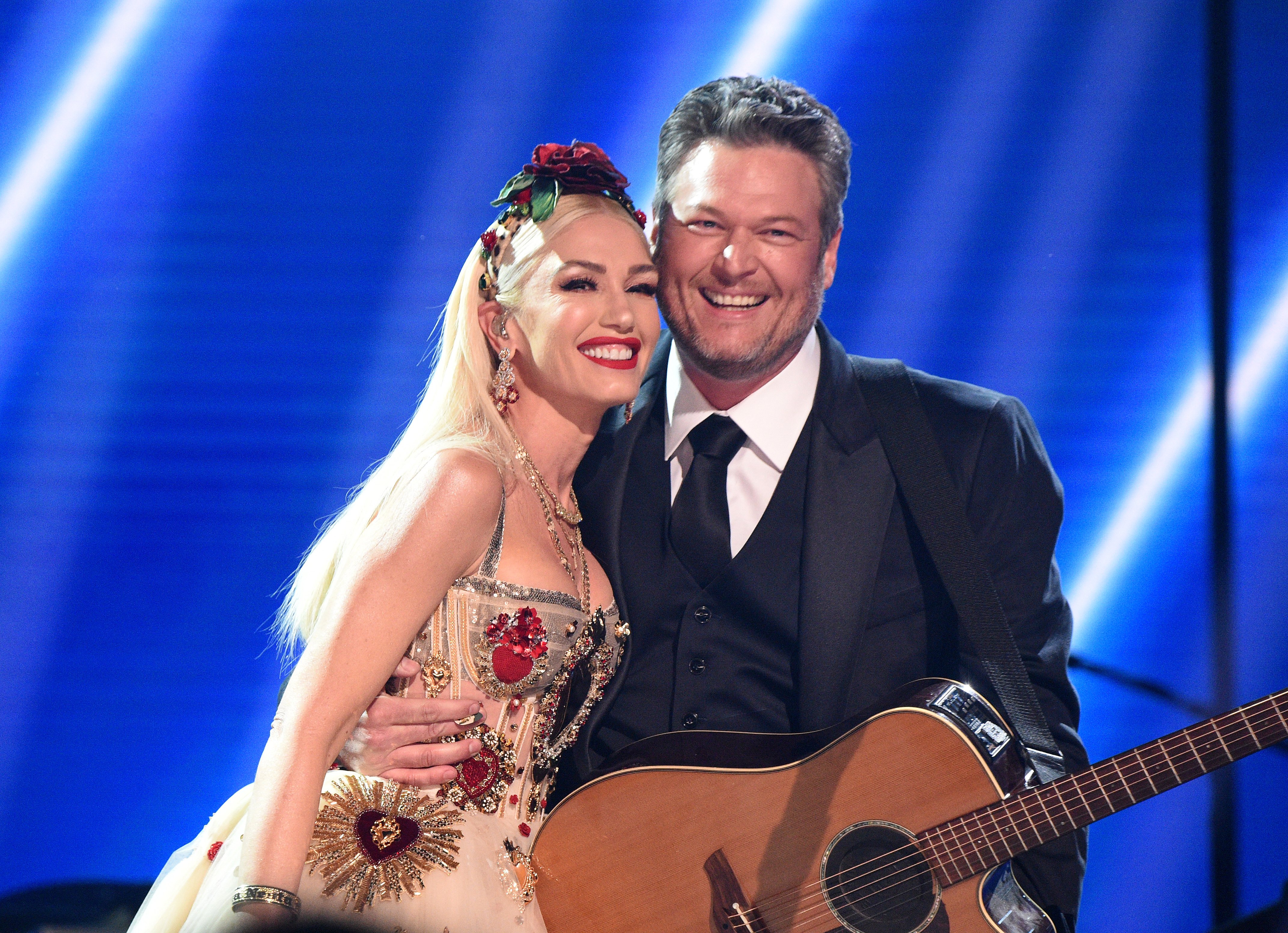 Pop singer Gwen Stefani and Blake Shelton pose onstage during the 62nd Annual Grammy Awards at Staples Center on January 26, 2020 in Los Angeles, California