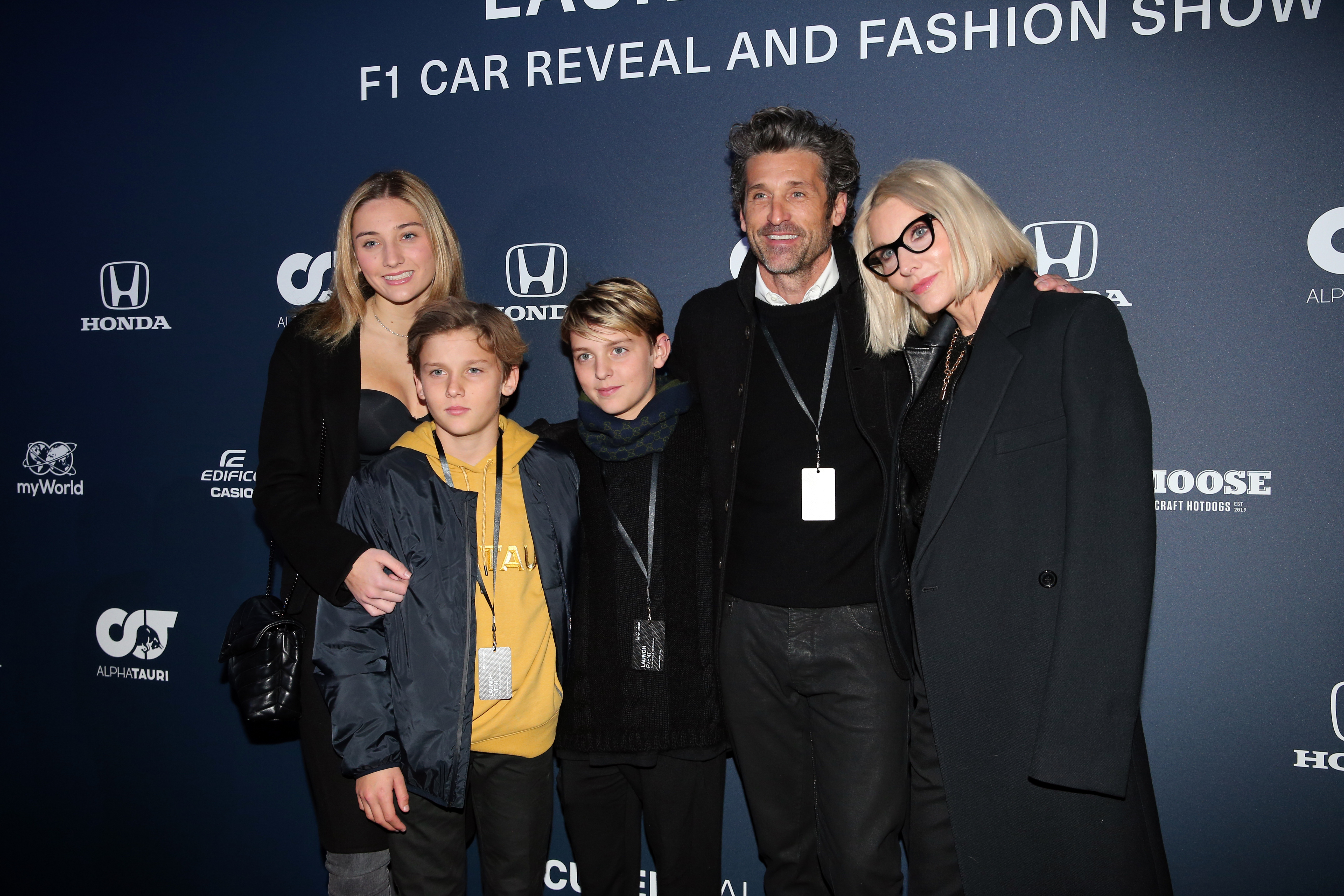 Patrick Dempsey, Jillian Fink, and their kids, Talula, Darby and Sullivan Dempsey at the Scuderia AlphaTauri Launch Event in Salzburg, 2020 | Source: Getty Images