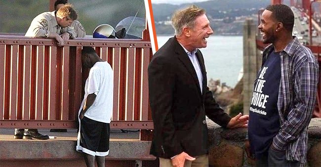 Kevin Berthia holding onto the Golden Gate Bridge as an officer speaks to him [left]; Berthia with Officer Kevin Briggs who convinced him not to jump [right] | Source: twitter.com/RJSzczerba