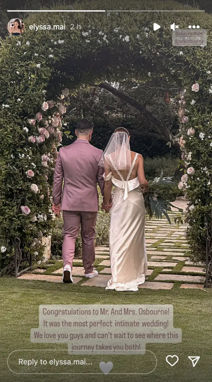 Elyssa Mai shares photo from Aree Gearhart Osbourne and Jack Osbourne’s wedding, Dated September 22, 2023, Instagram Stories. | Source: Instagram/elyssa.mai