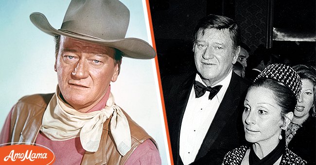 John Wayne in a studio portrait, circa 1970, and the iconic actor and his wife Pilar Wayne at the "Cowboy" Los Angeles premiere in Beverly Hills, California, on February 5, 1972 | Photos: Silver Screen Collection & Ron Galella/Ron Galella Collection/Getty Images