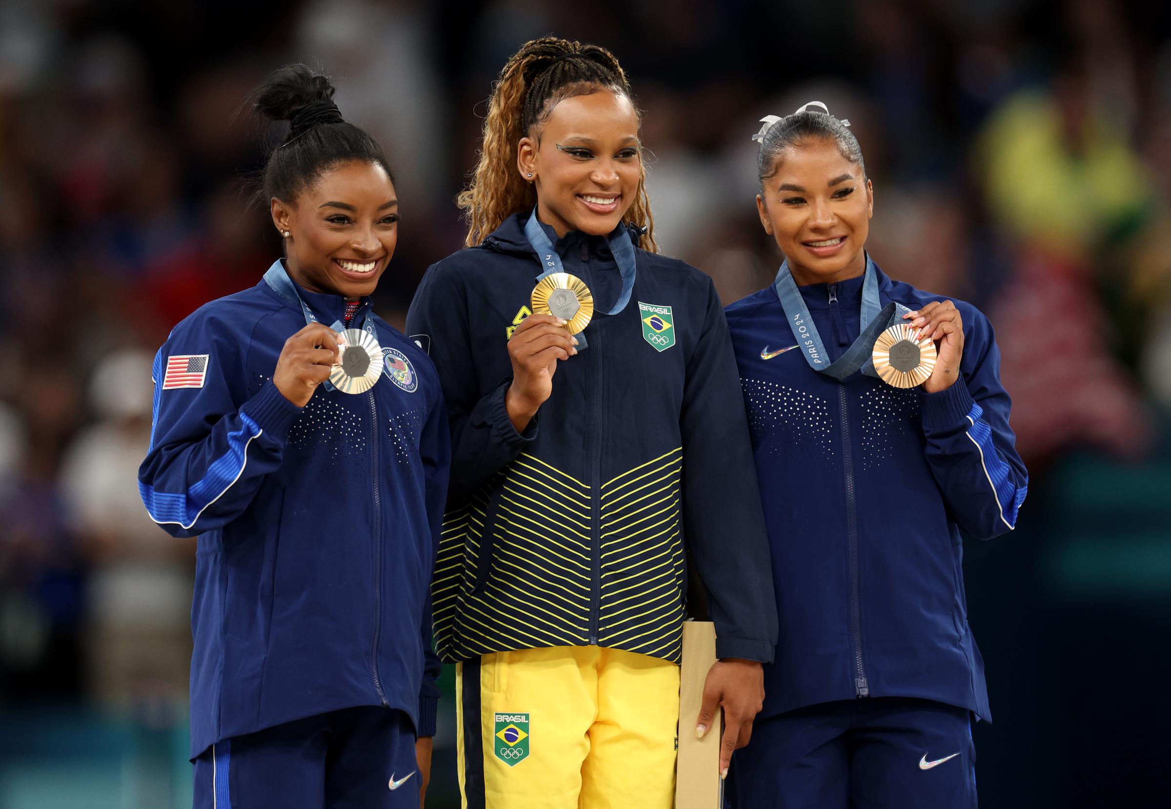 Simone Biles, Rebecca Andrade, and Jordan Chiles at Bercy Arena in Paris, France on August 5, 2024 | Source: Getty Images