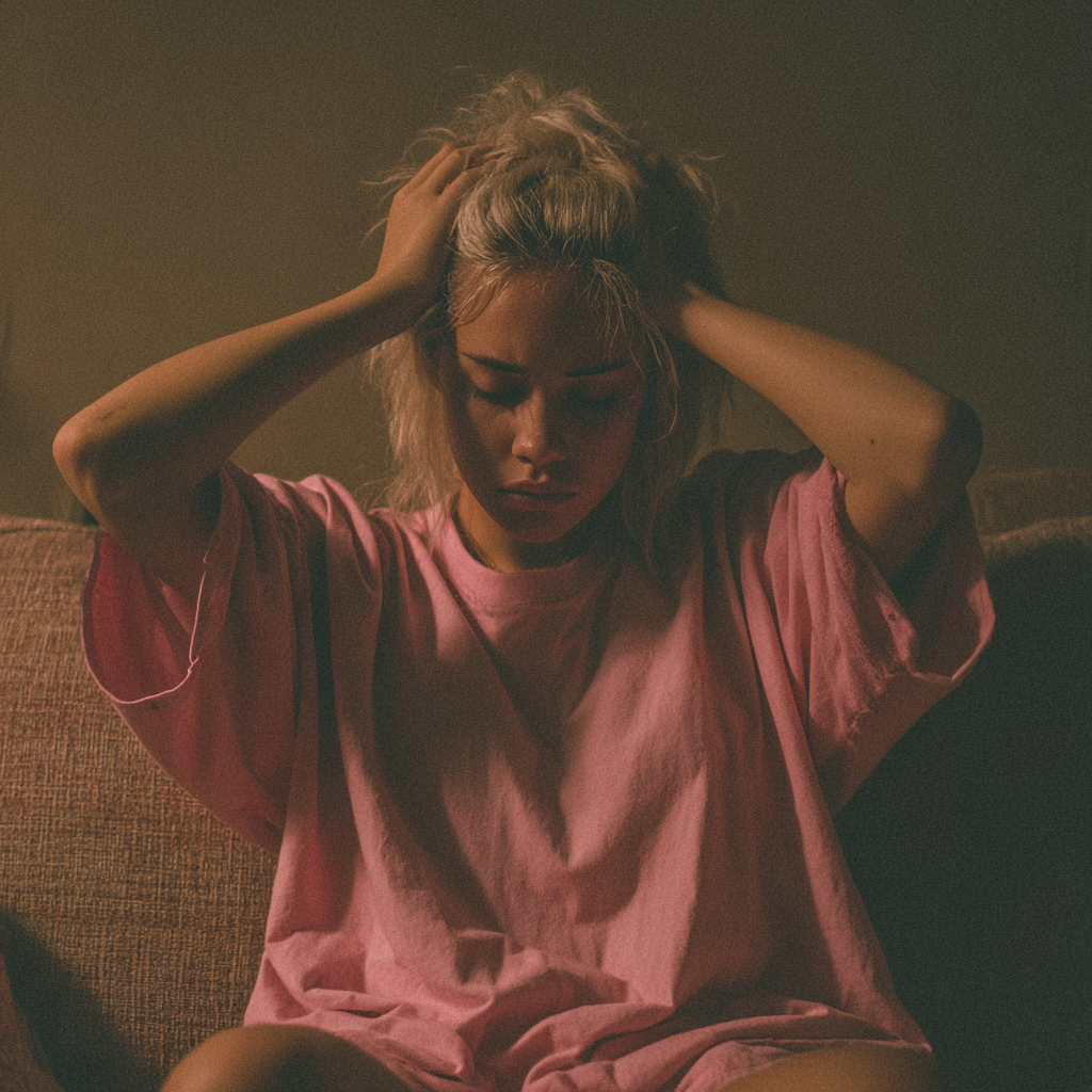 A young woman sitting with her hands on her head | Source: Midjourney