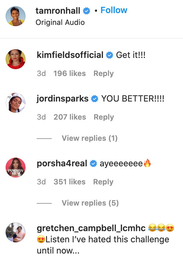 Kim Fields, Jordin Sparks, and Porsha Williams comment on Tamron Hall's post. | Source: Instagram/tamronhall