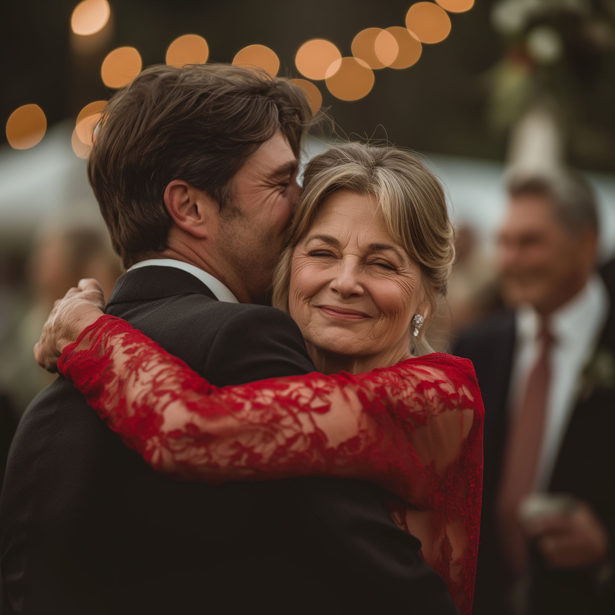 A young man in suit hugging an older woman | Source: Midjourney