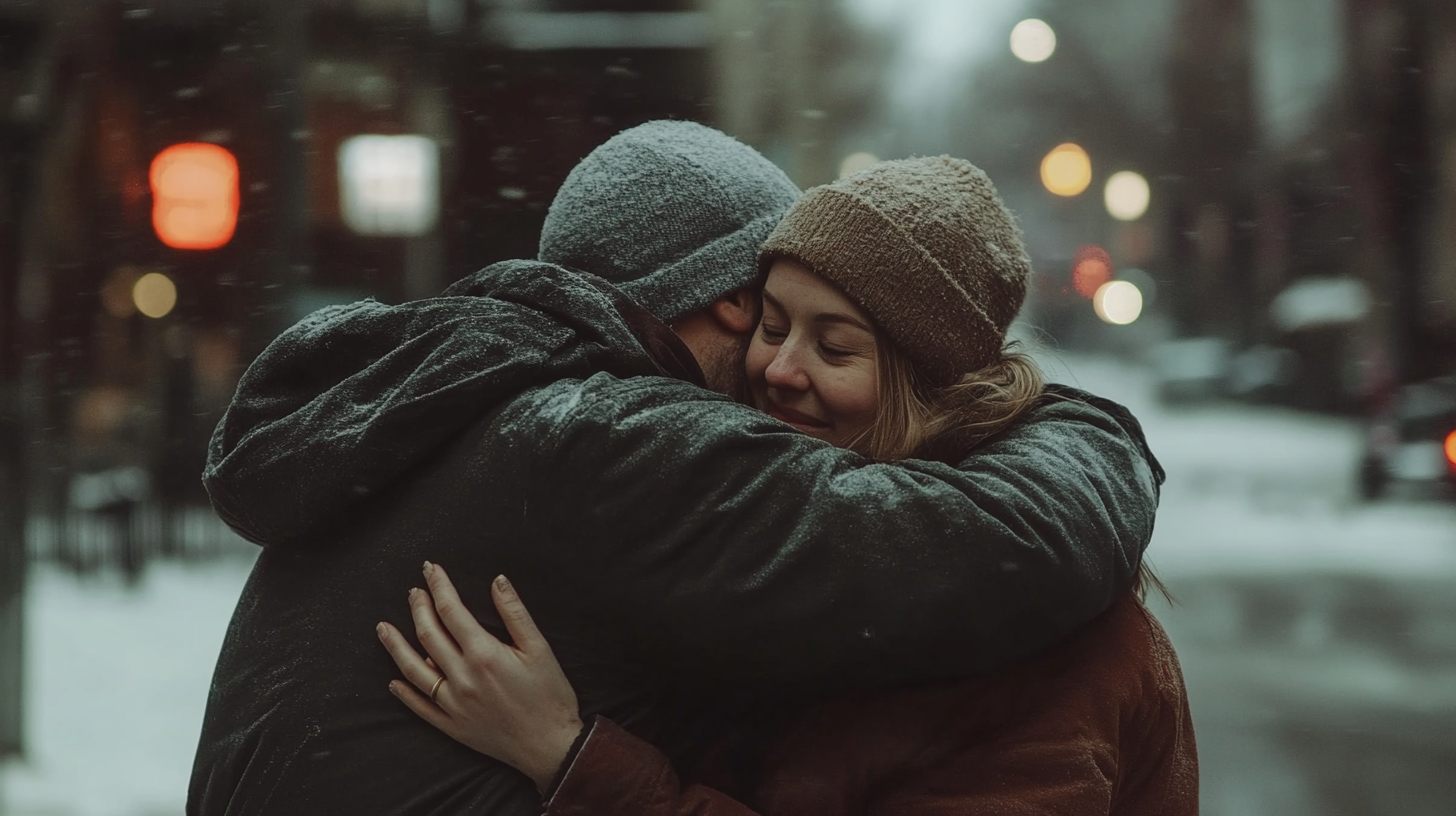 A man hugging a woman on the street | Source: Midjourney