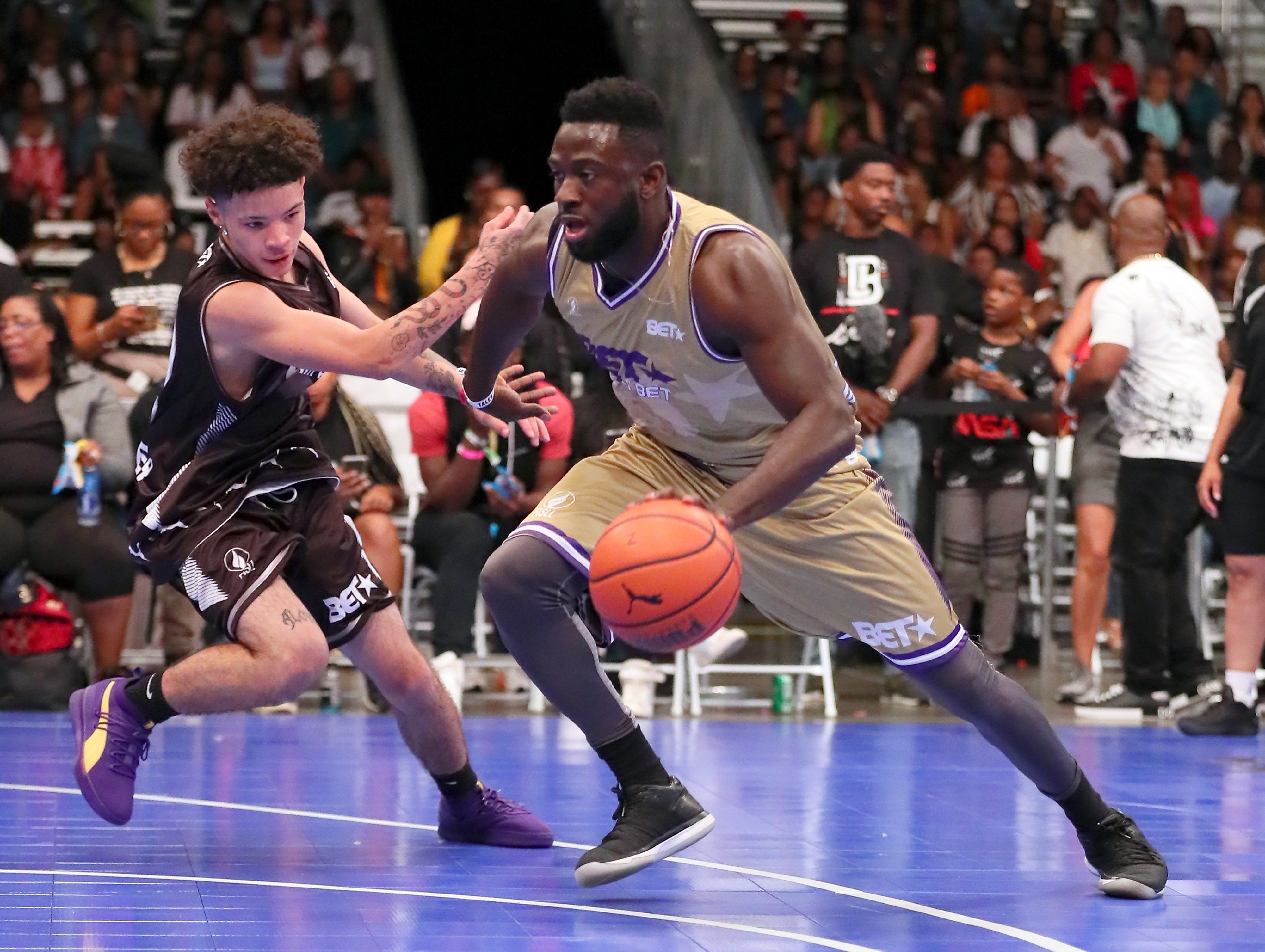 Lil Mosey and Sinqua Walls plays in the BETX Celebrity Basketball Game Sponsored By Sprite during the BET Experience at Los Angeles Convention Center on June 22, 2019 in Los Angeles, California. | Source: Getty Images
