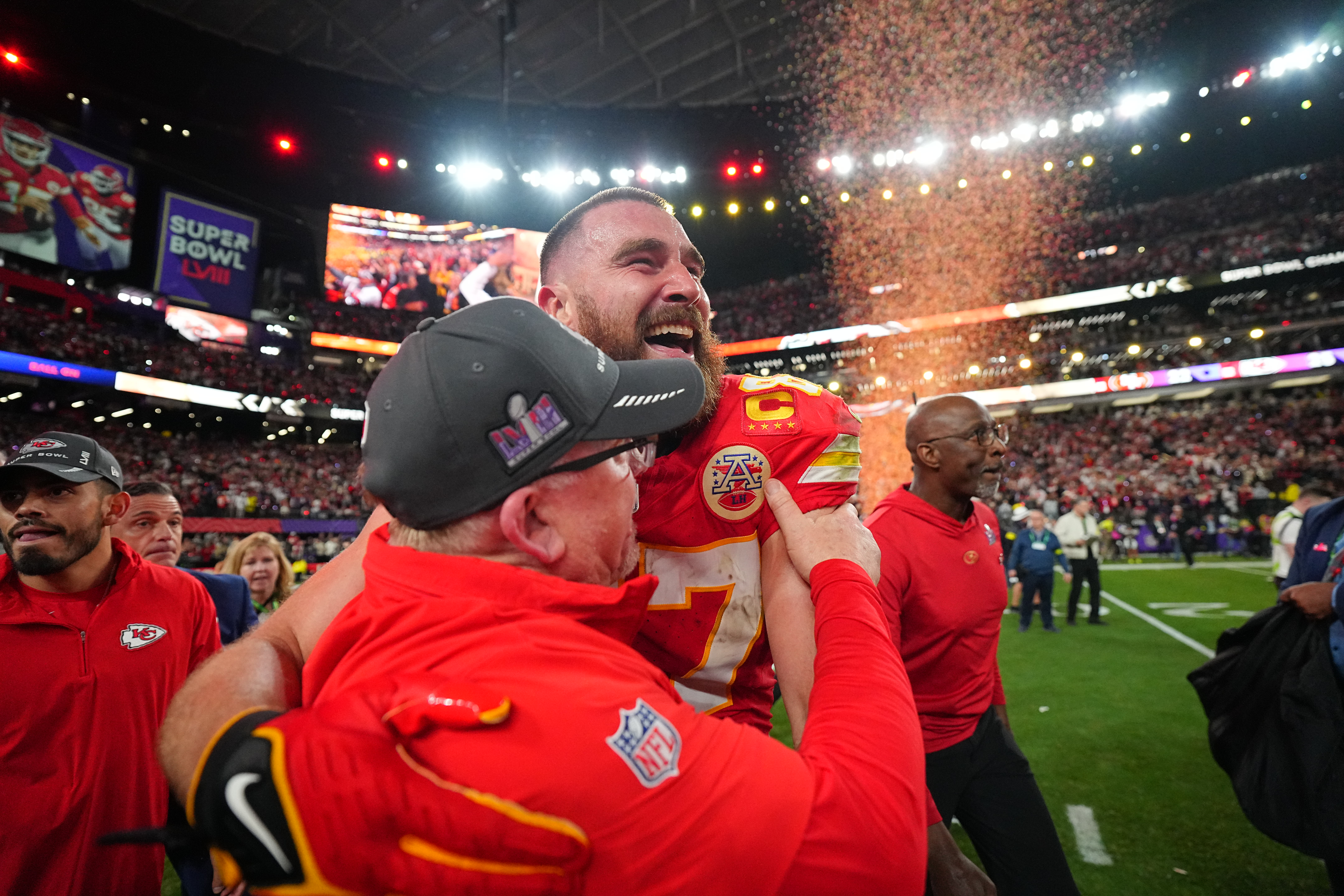 Kansas City Chiefs tight end Travis Kelce and Head Coach Andy Reid celebrate their win during Super Bowl LVIII on February 11, 2024 in Las Vegas, Nevada | Source: Getty Images