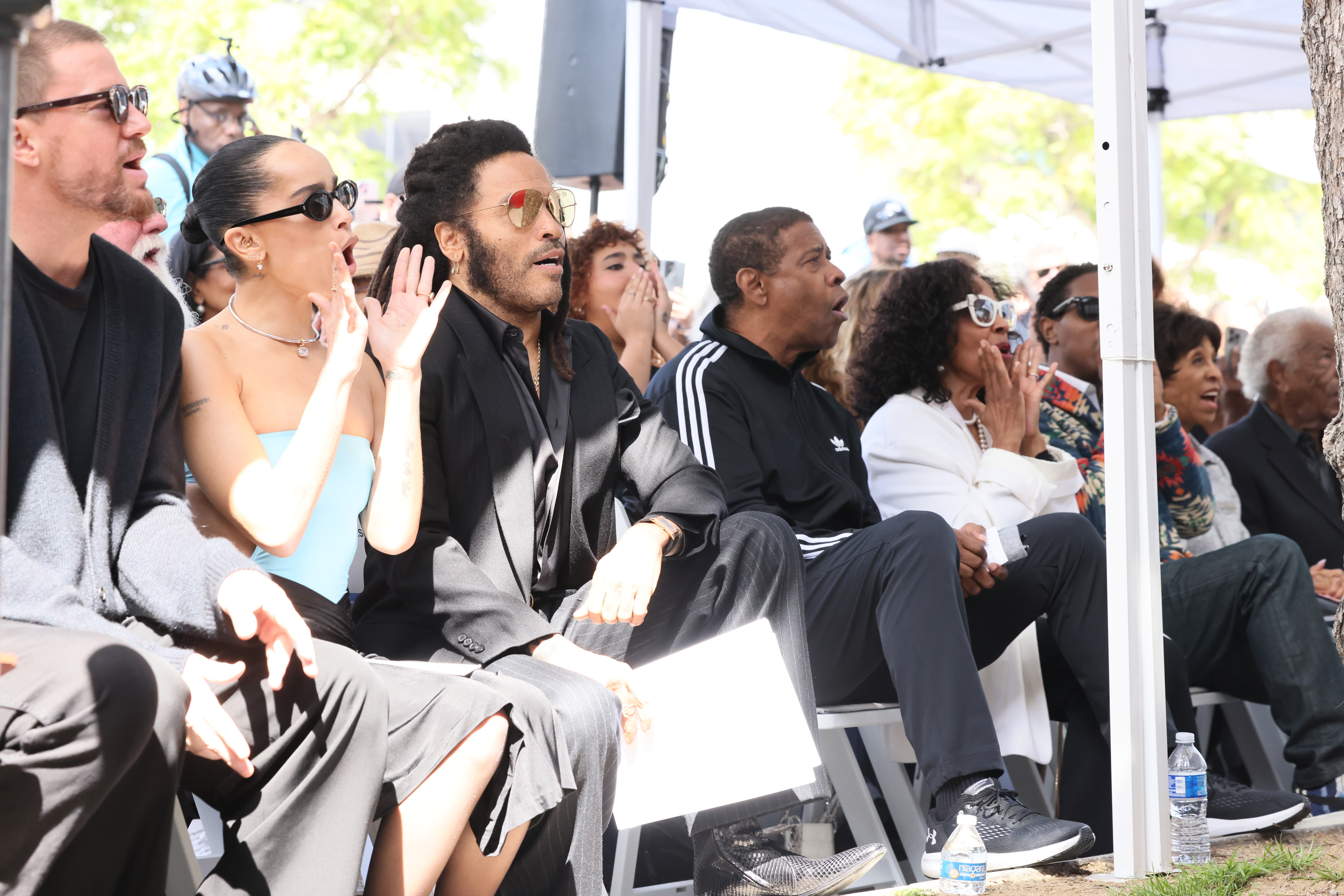 Channing Tatum, Zoë Kravitz, Lenny Kravitz, Denzel Washington, Pauletta Washington, Marla Gibbs, and Hal Williams. | Source: Getty Images