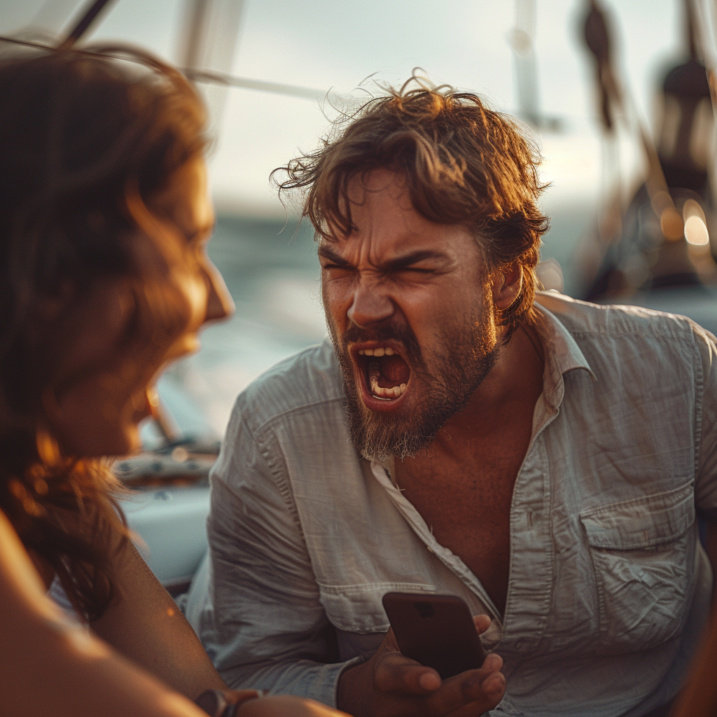An upset man shouting at a woman while holding phone on a boat | Source: Midjourney