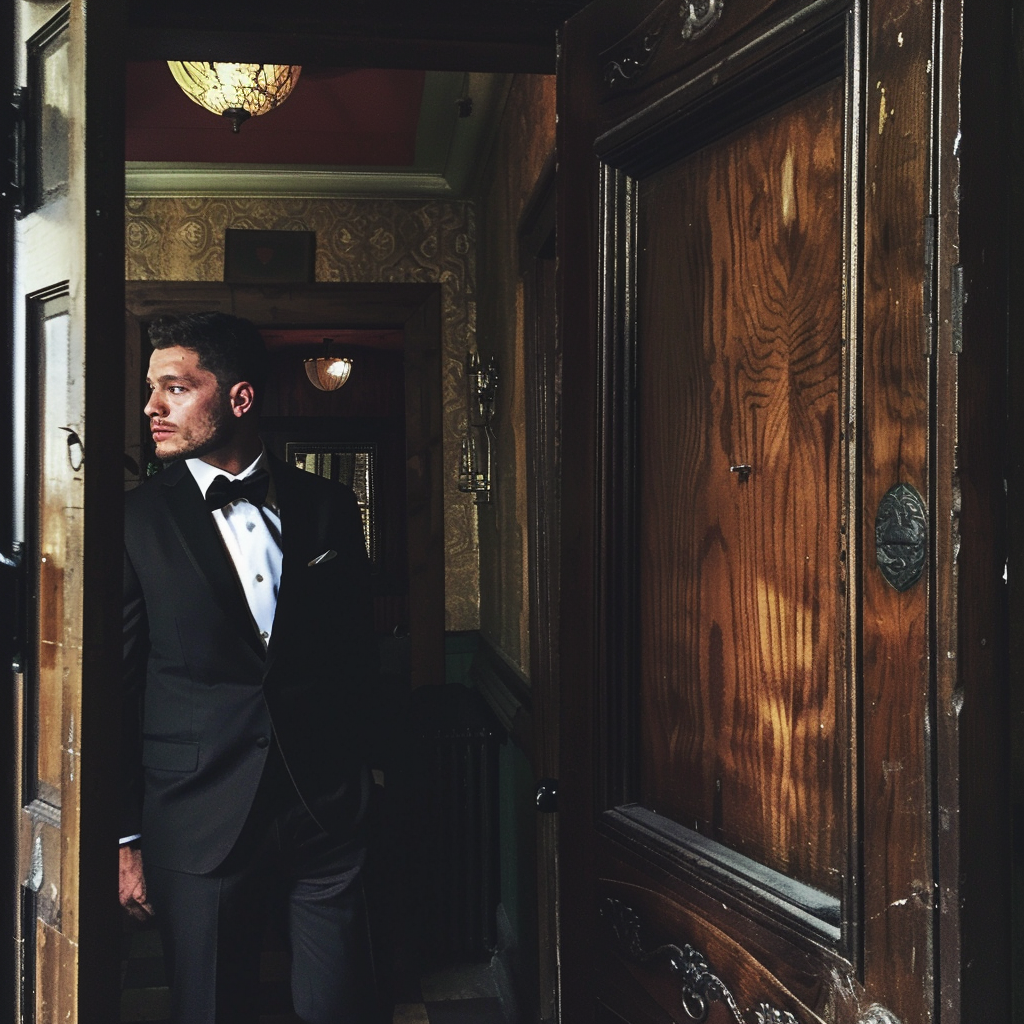 A groom standing by a door | Source: Midjourney