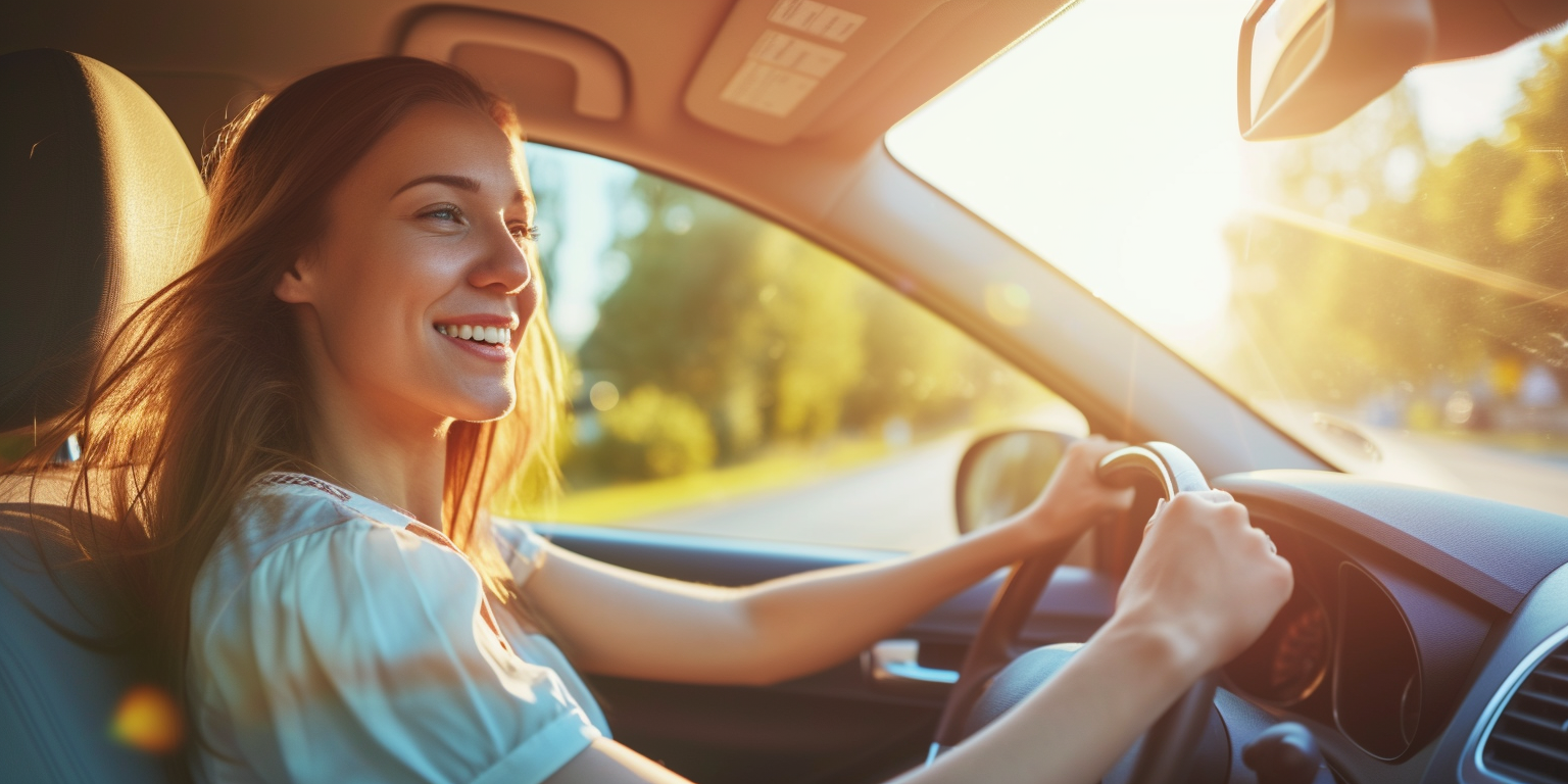 A happy woman driving a car | Source: Midjourney