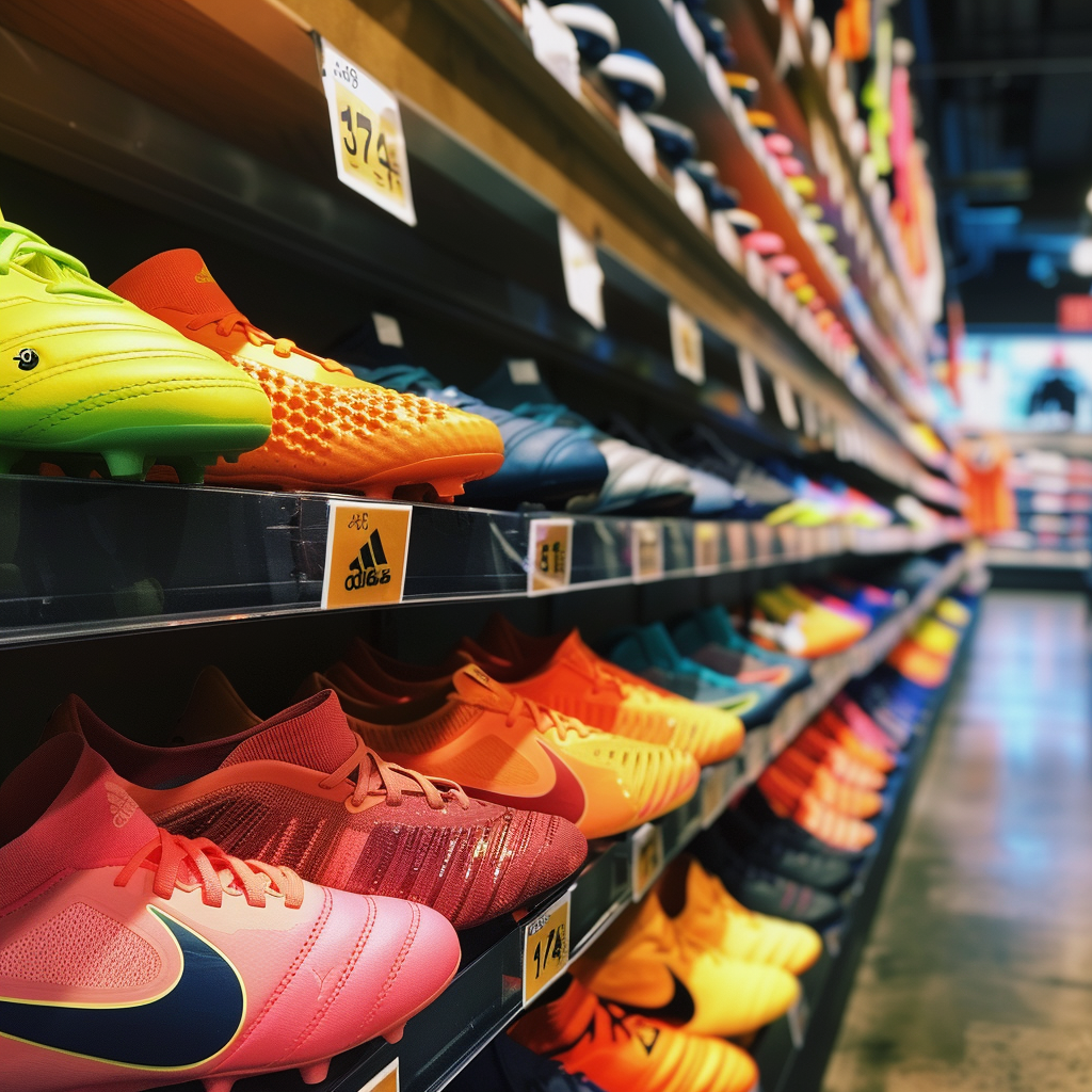 A row of children's soccer boots in a store | Source: Midjourney