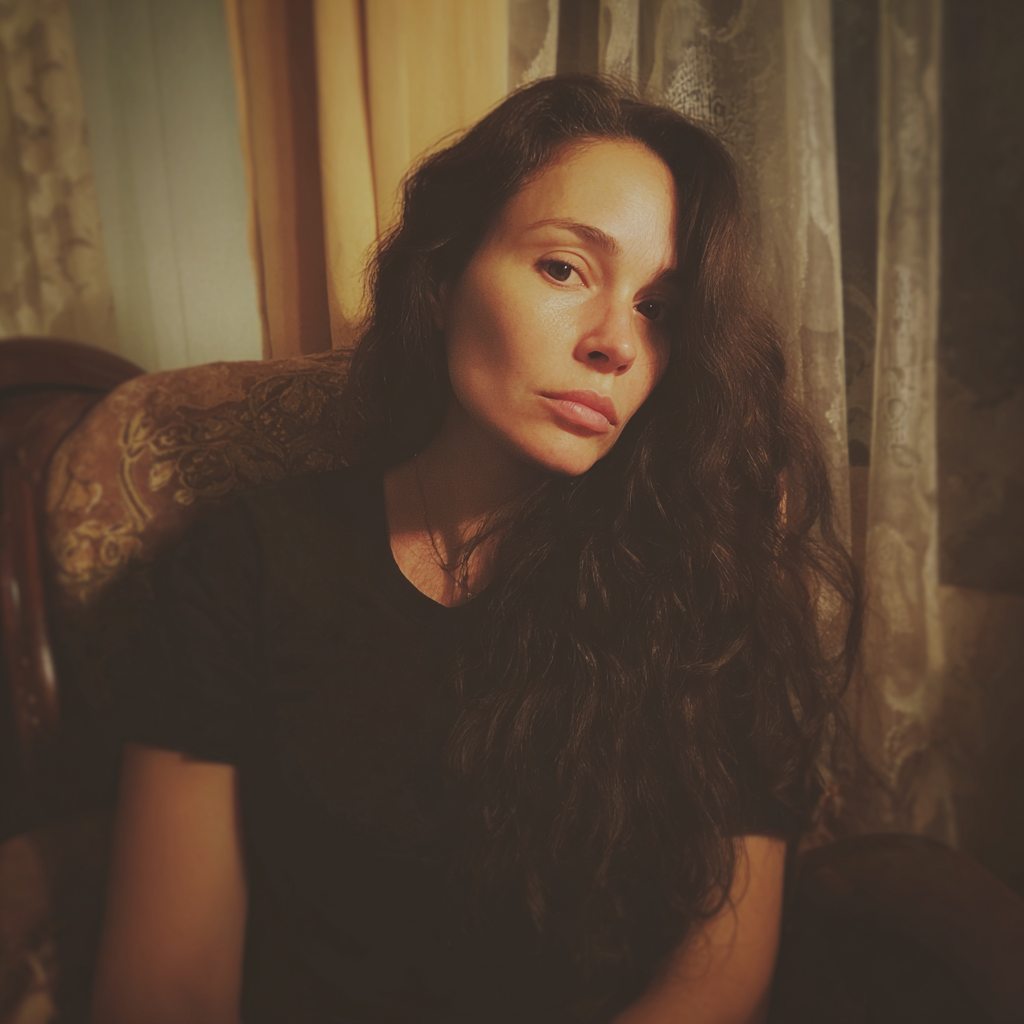 A tired woman sitting on a couch | Source: Midjourney