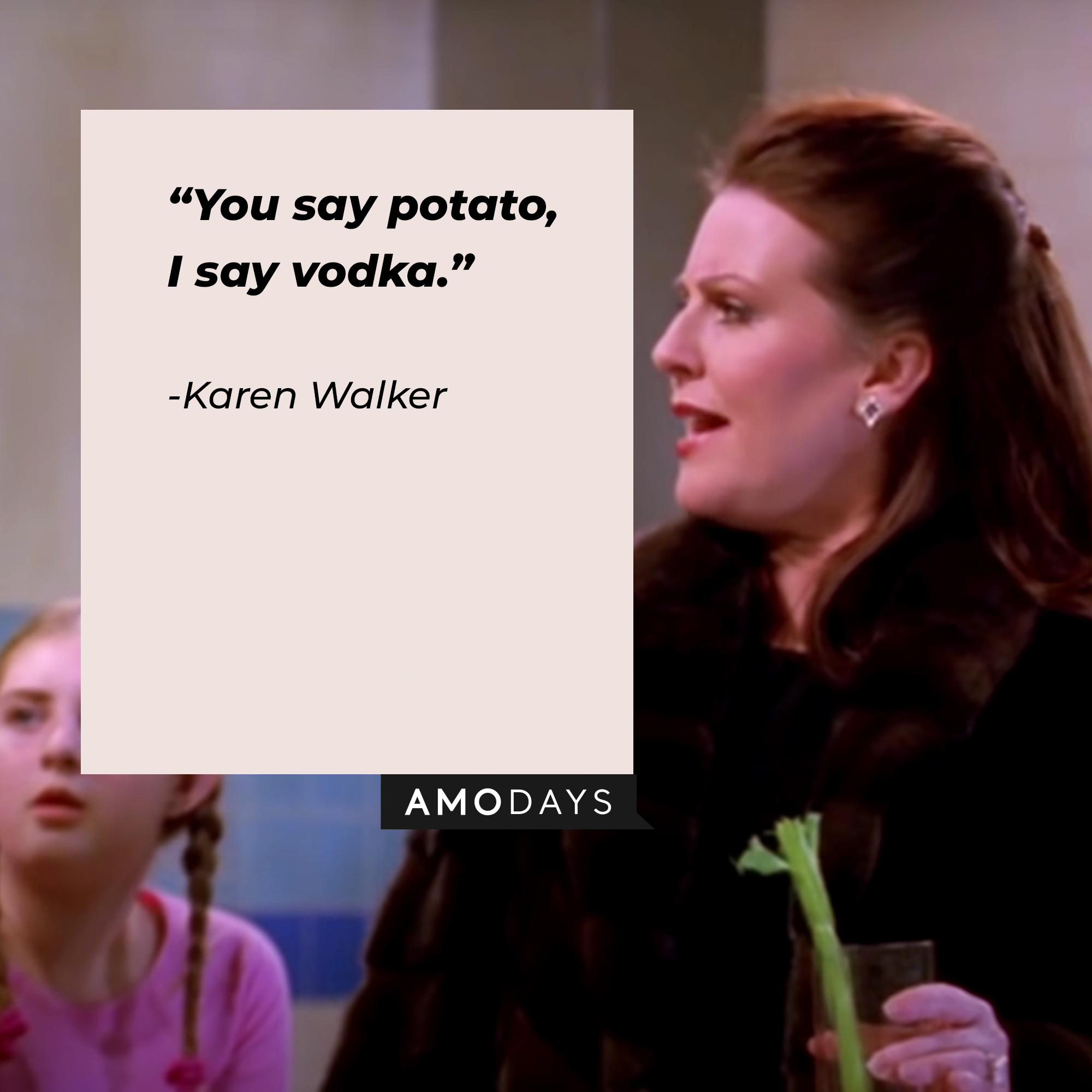 A photo of Karen Walker with the quote, "You say potato, I say vodka." | Source: YouTube/ComedyBites