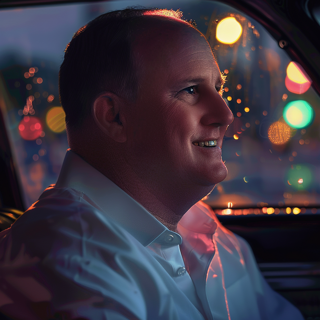 Side view of man sitting in a car and smiling | Source: Midjourney