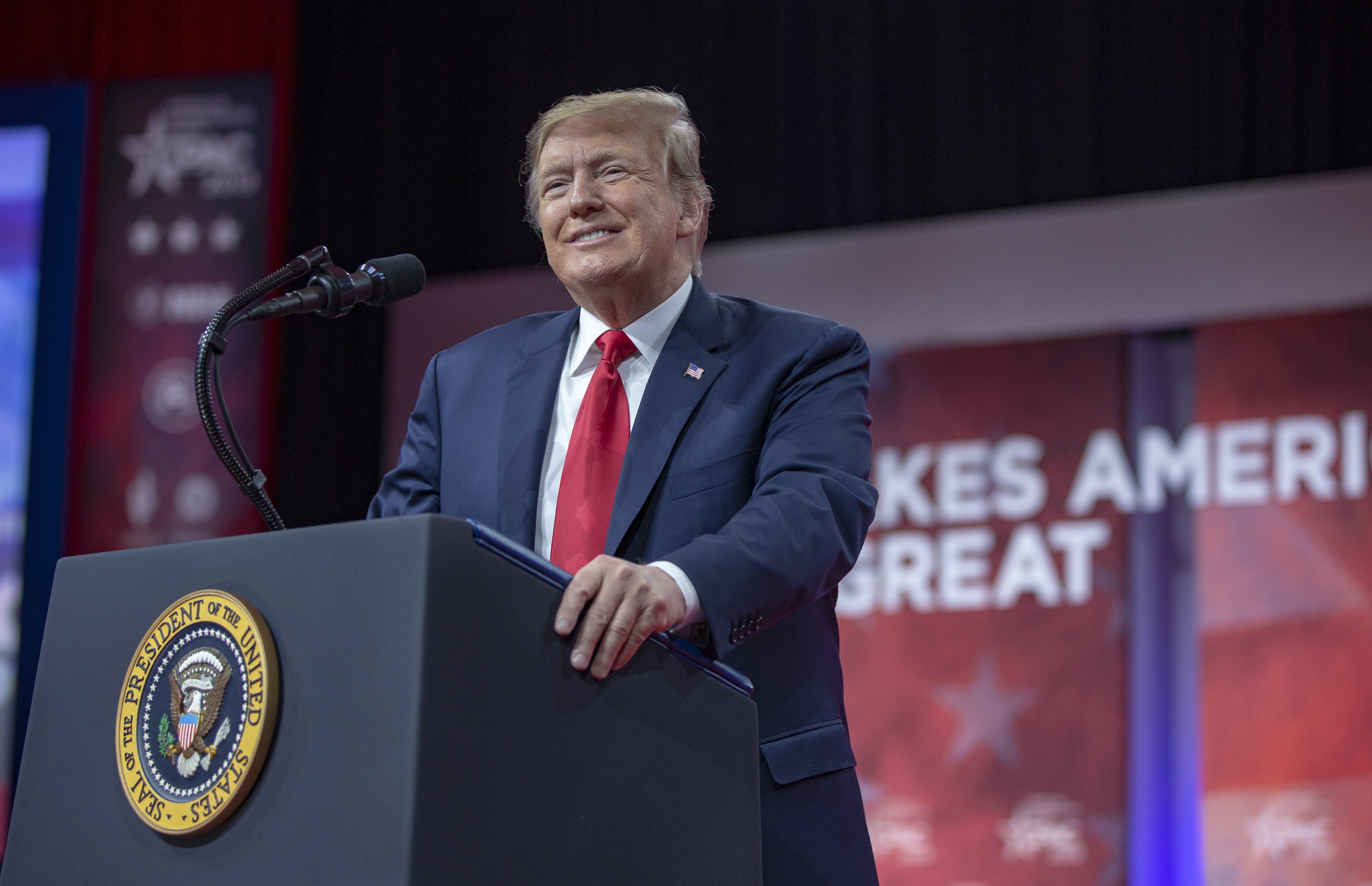 Donald Trump delivering a speech at the 2019 CPAC in Maryland | Photo: Getty Images