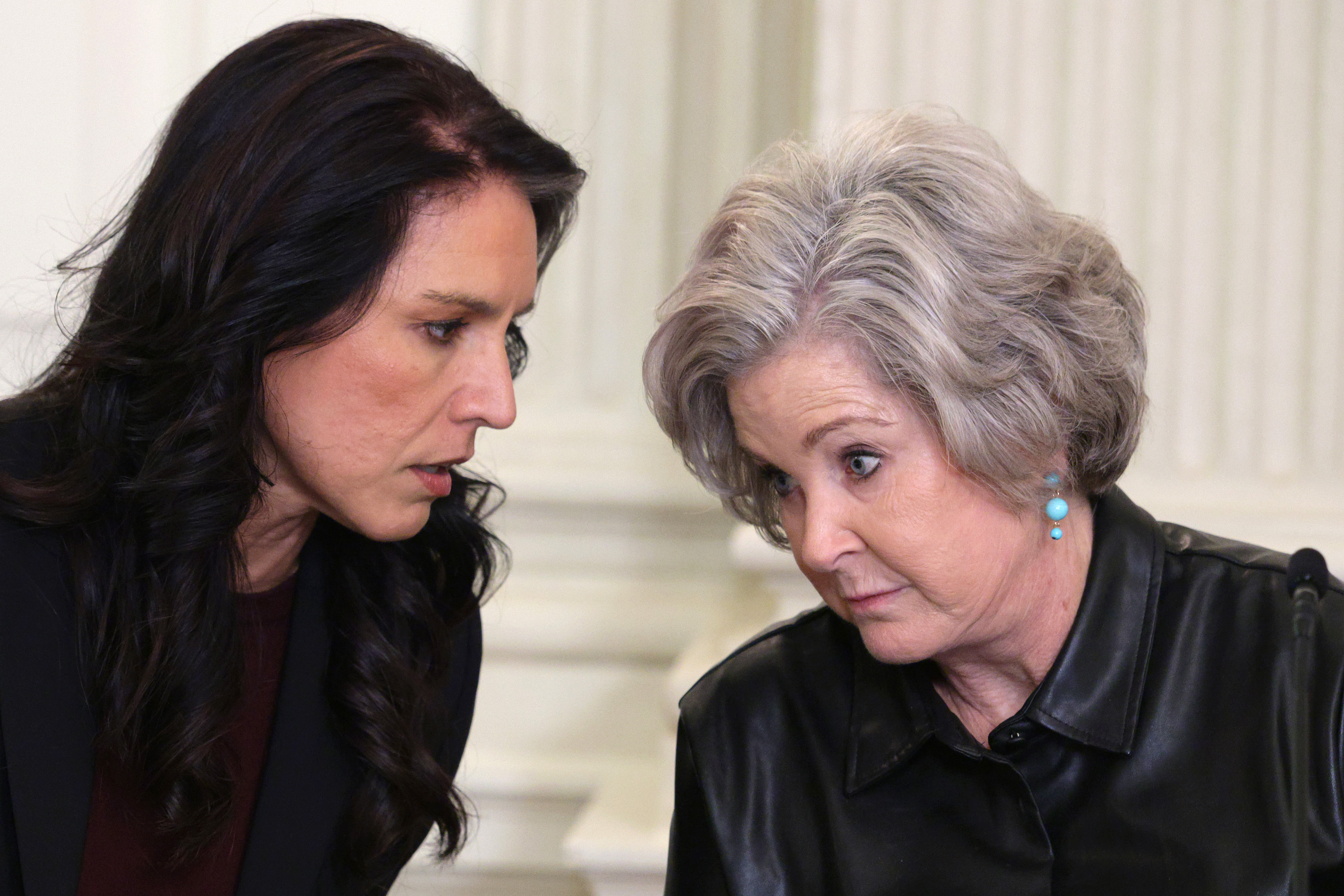 The Director of National Intelligence, Tulsi Gabbard, speaks with White House Chief of Staff, Susie Wiles | Source: Getty Images