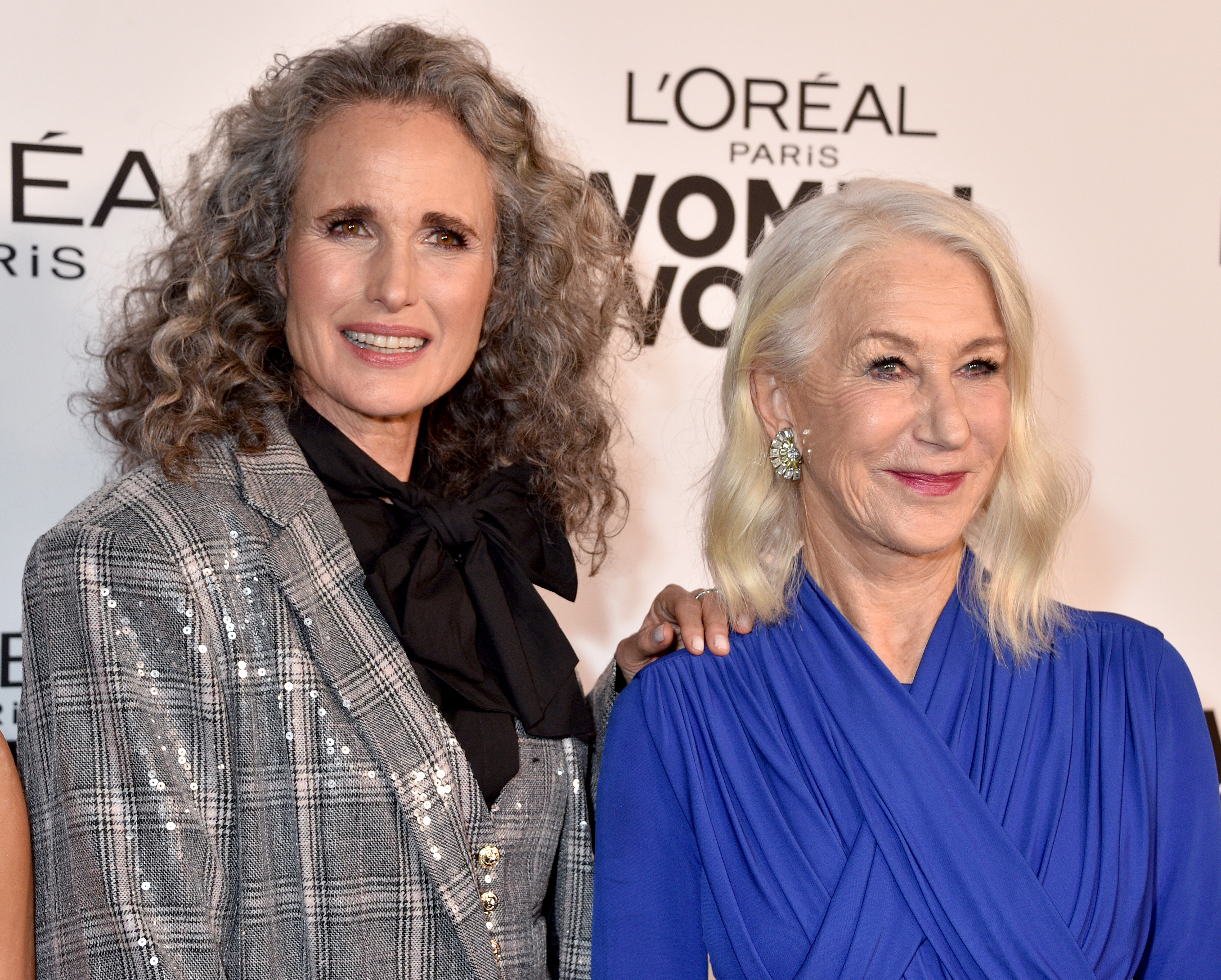 Andie MacDowell and Helen Mirren the 2023 L'Oréal Paris Women Of Worth at NeueHouse Hollywood on November 16, 2023 in Hollywood, California | Source: Getty Images