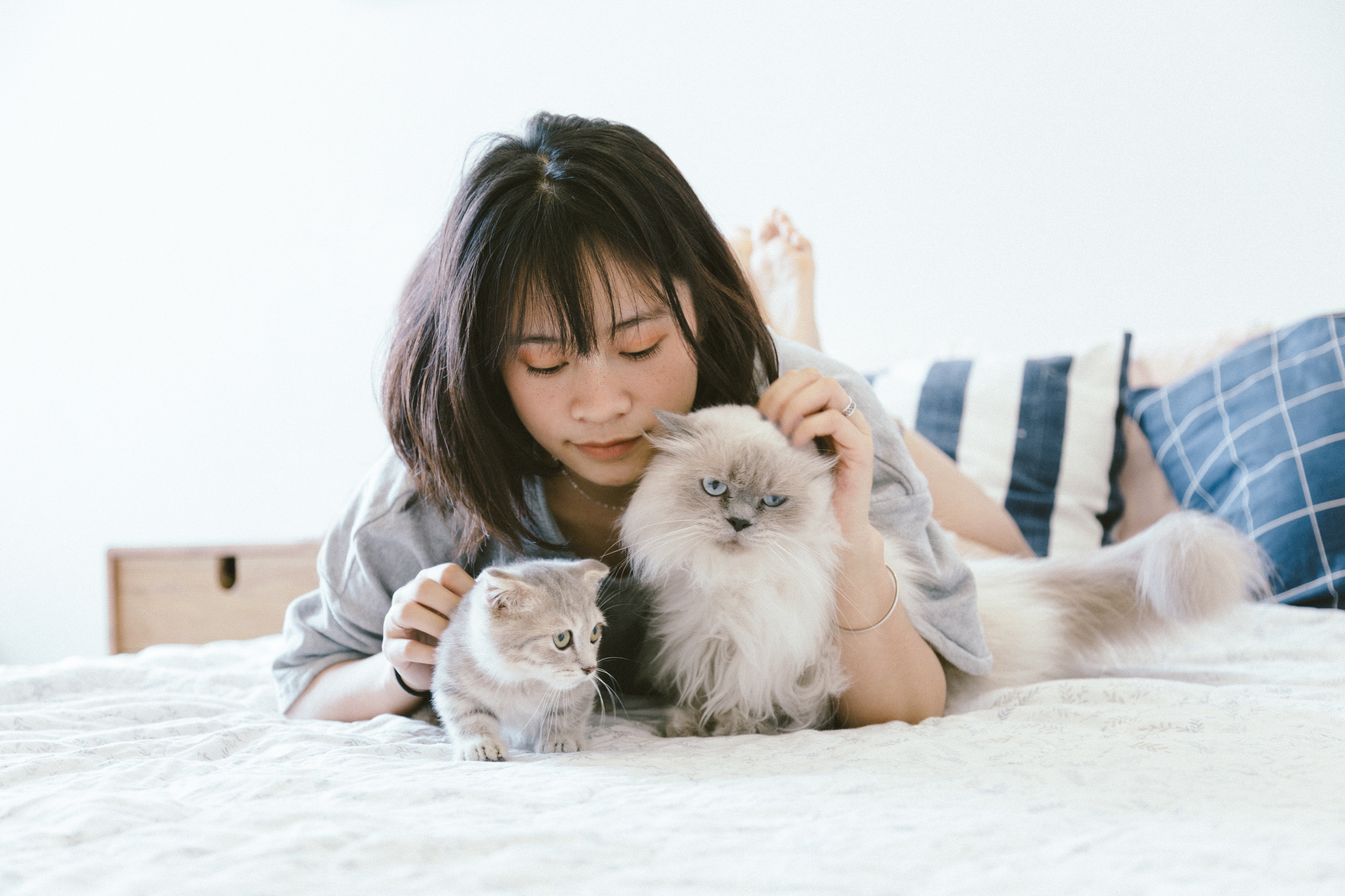 A woman petting her cats. | Source: Pexels