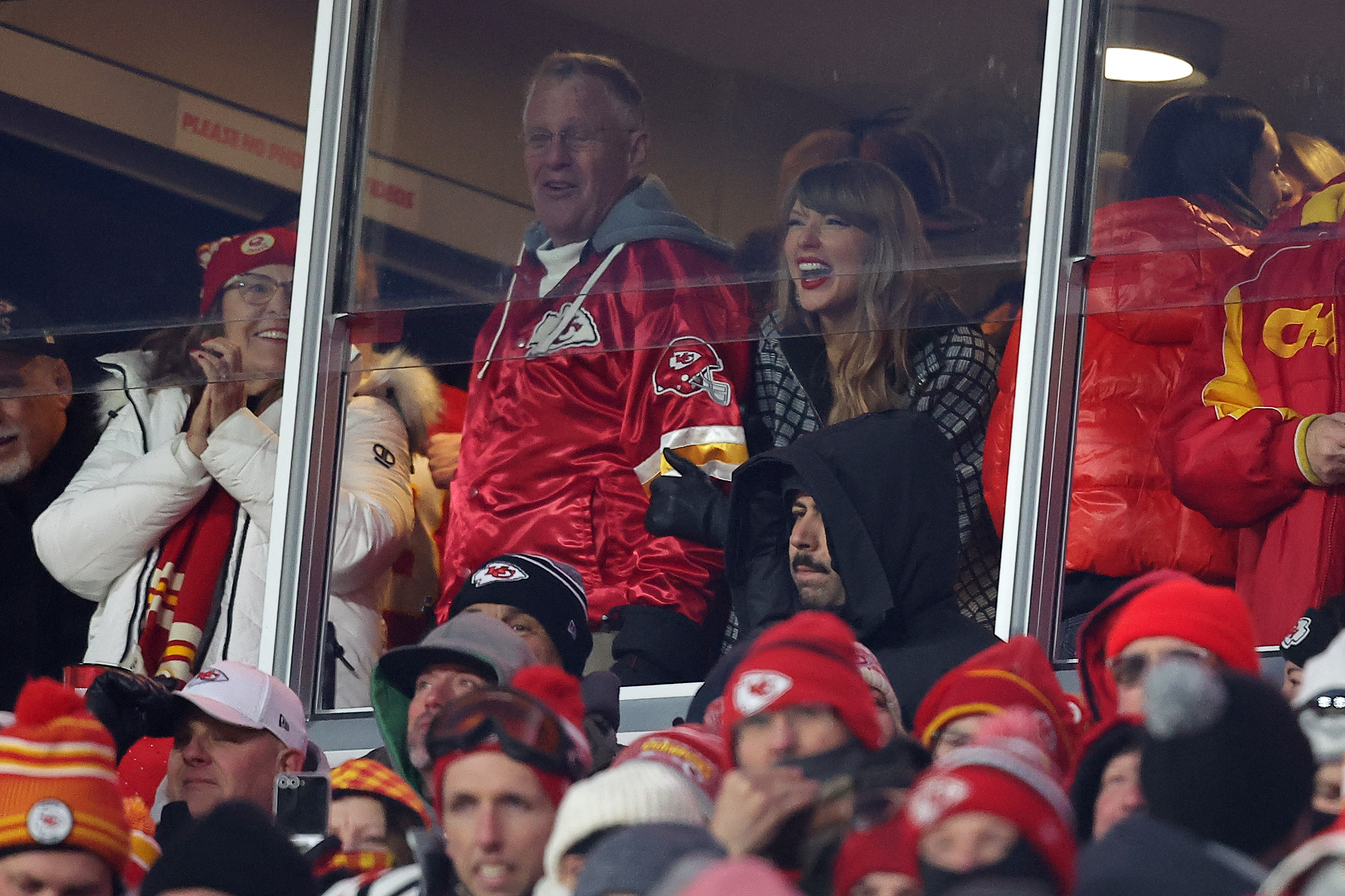 Taylor Swift celebrates Travis Kelce's touchdown against the Houston Texans during the fourth quarter in the AFC Divisional Playoff in Kansas City, Missouri on January 18, 2025. | Source: Getty Images