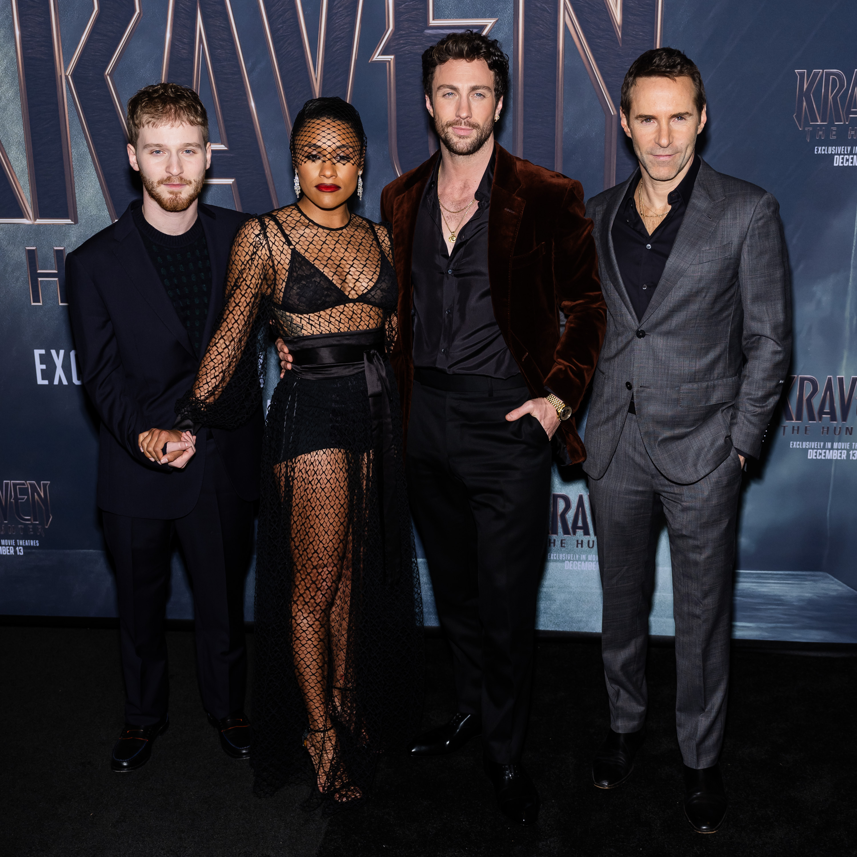 Fred Hechinger, Ariana DeBose, Aaron Taylor-Johnson, and Alessandro Nivola attend the "Kraven The Hunter" New York Premiere | Source: Getty Images