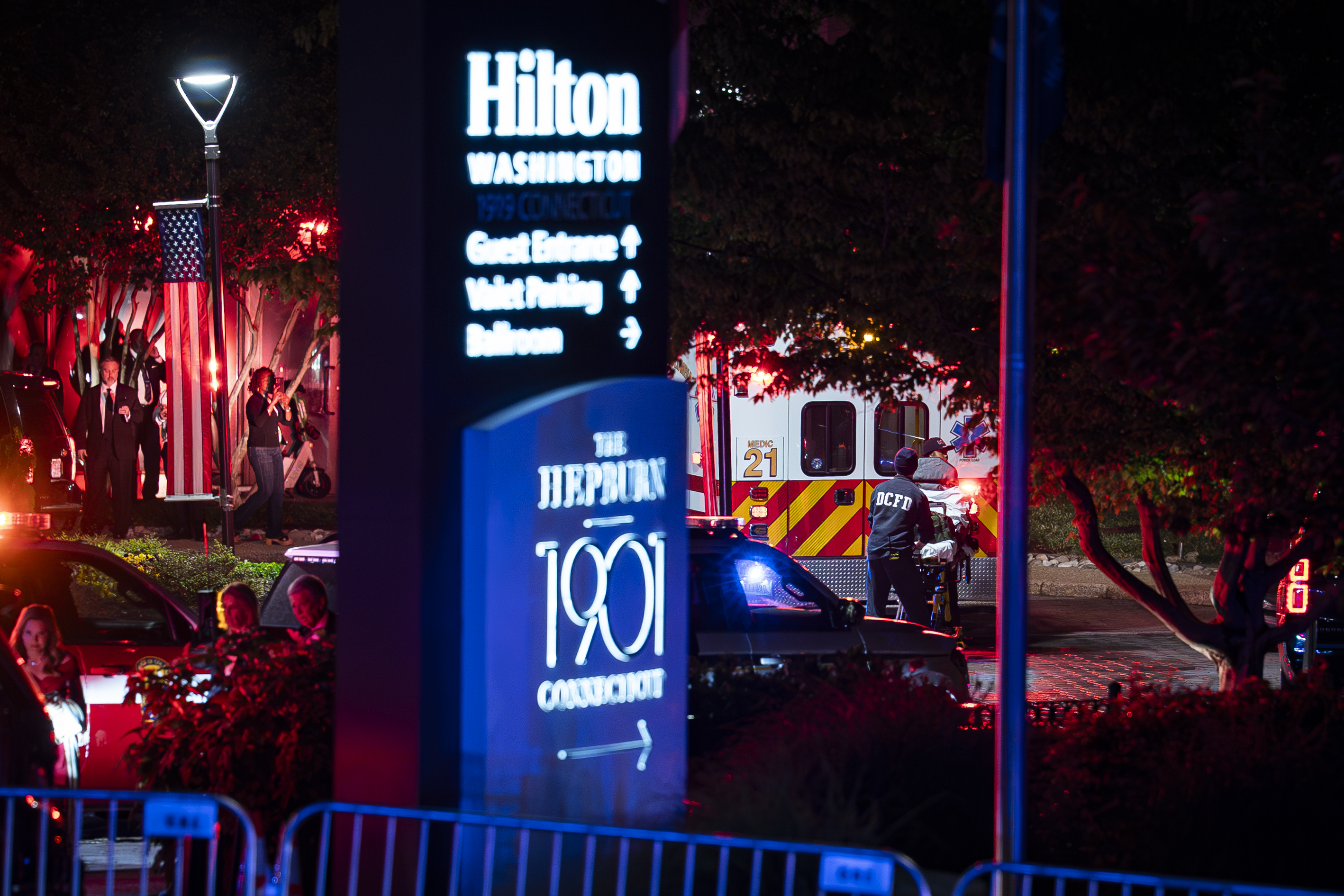 A DC Fire and EMS ambulance arrives at the Hilton Hotel after the White House Correspondents Association Dinner was postponed in Washington, DC on April 25, 2026. | Source: Getty Images