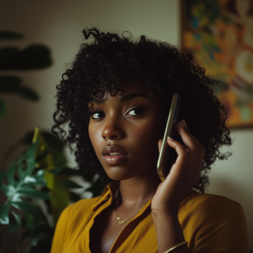 A woman looks concerned while talking on her phone | Source: Midjourney