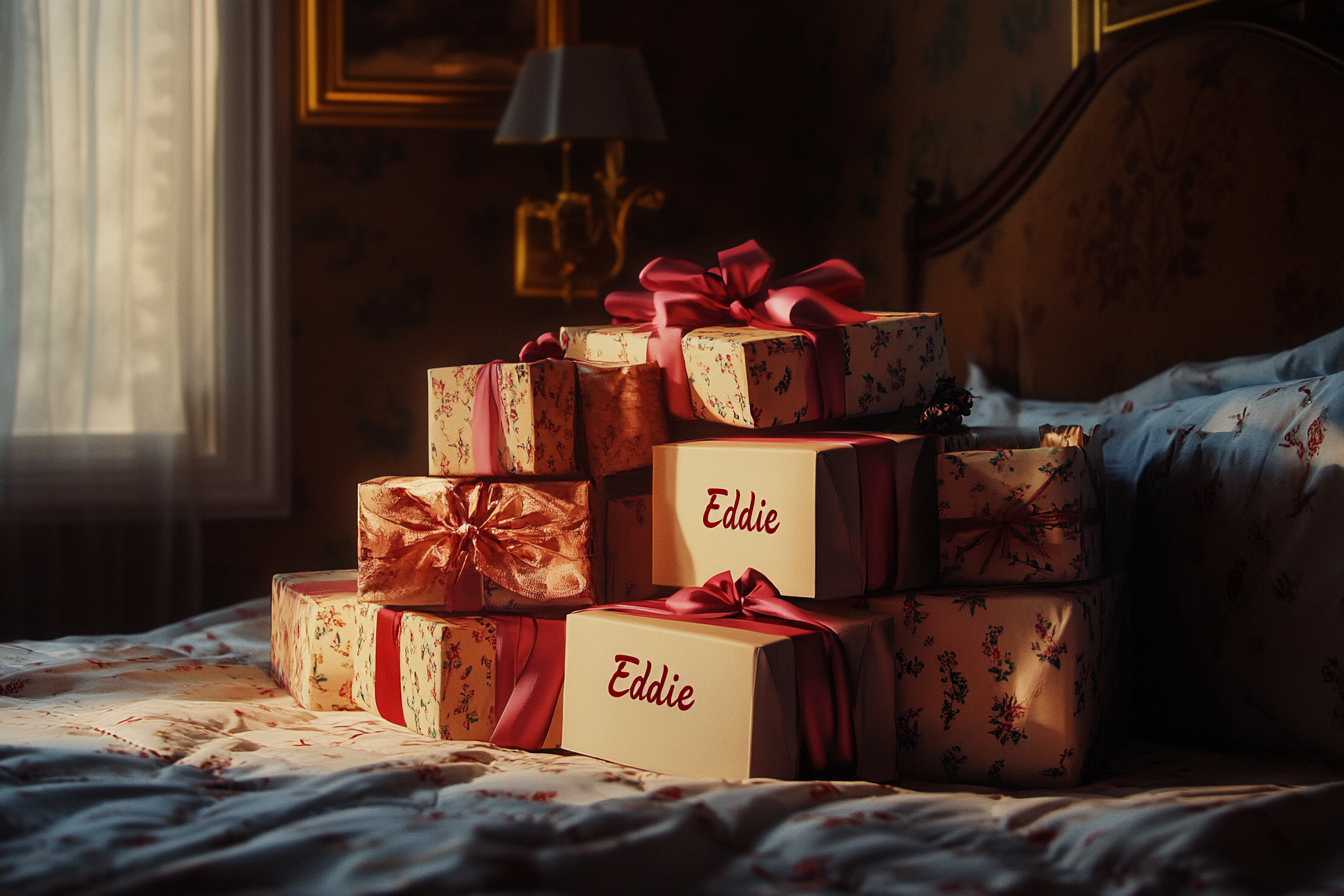 A pile of gift boxes on a bed | Source: Midjourney