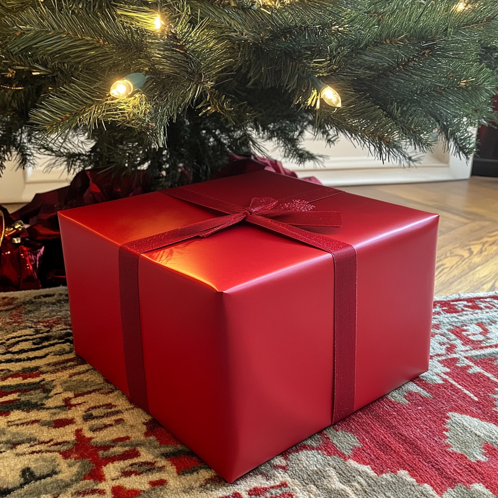 Red gift box under a Christmas tree | Source: Midjourney