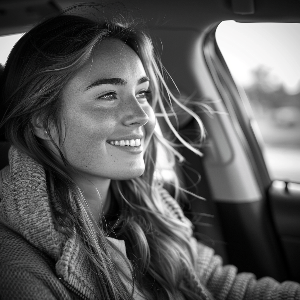 A grayscale photo of a woman smiling while driving a car | Source: Midjourney