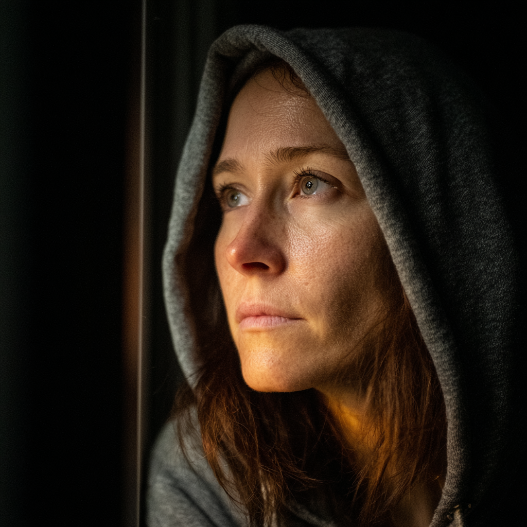A woman looking out a window at night | Source: Midjourney
