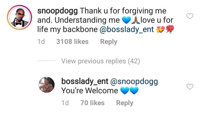 Snoop Dogg's comment on his wife IG post. | Source: Instagram/bosslady_ent