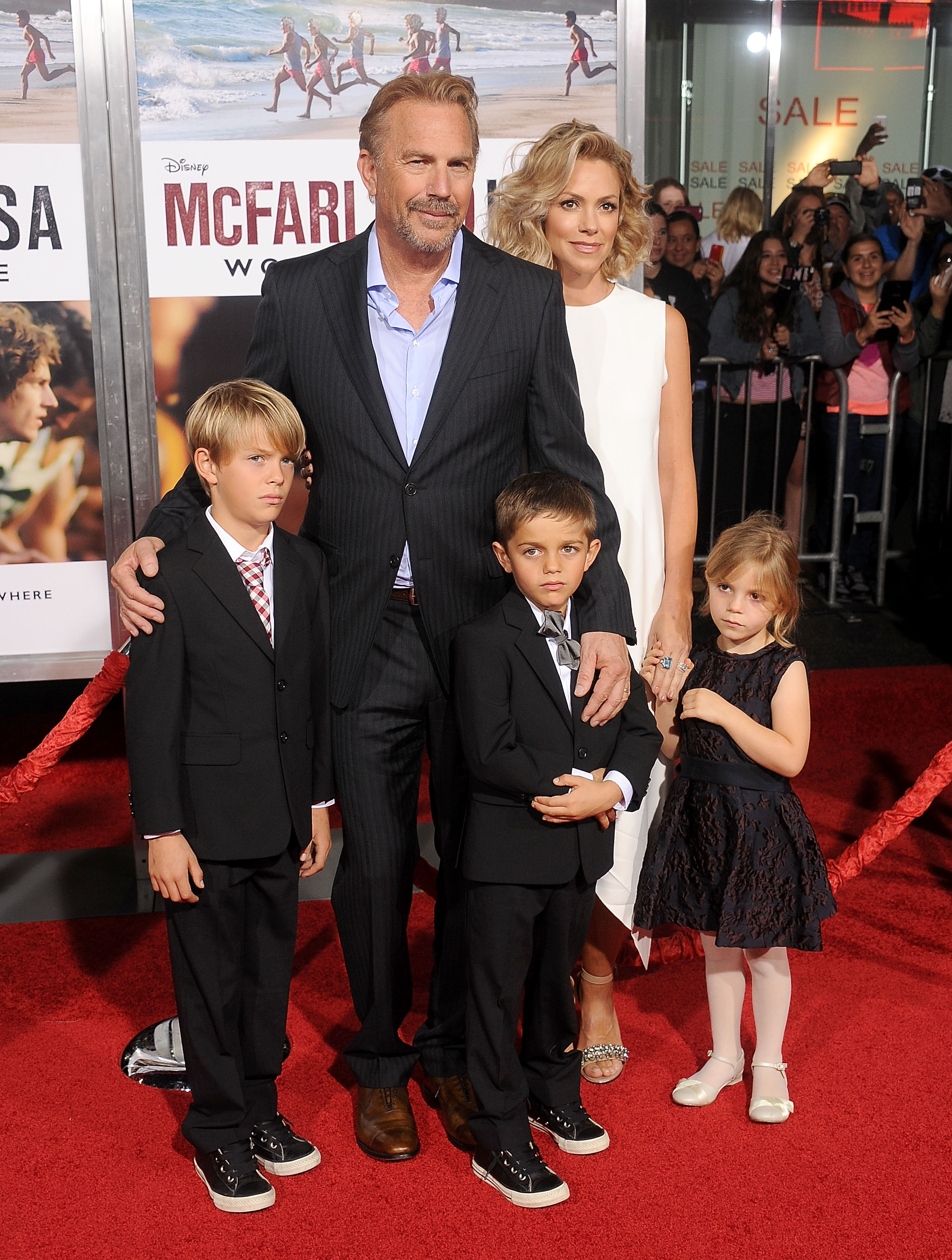 Kevin Costner, his wife, Christine, and children Grace Avery Costner, Hayes Logan Costner and Cayden Wyatt Costner arrive at the World Premiere of Disney's "McFarland, USA" at the El Capitan Theatre | Source: Getty Images