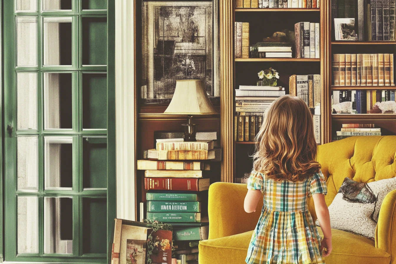 A little girl in a house filled with books | Source: Midjourney