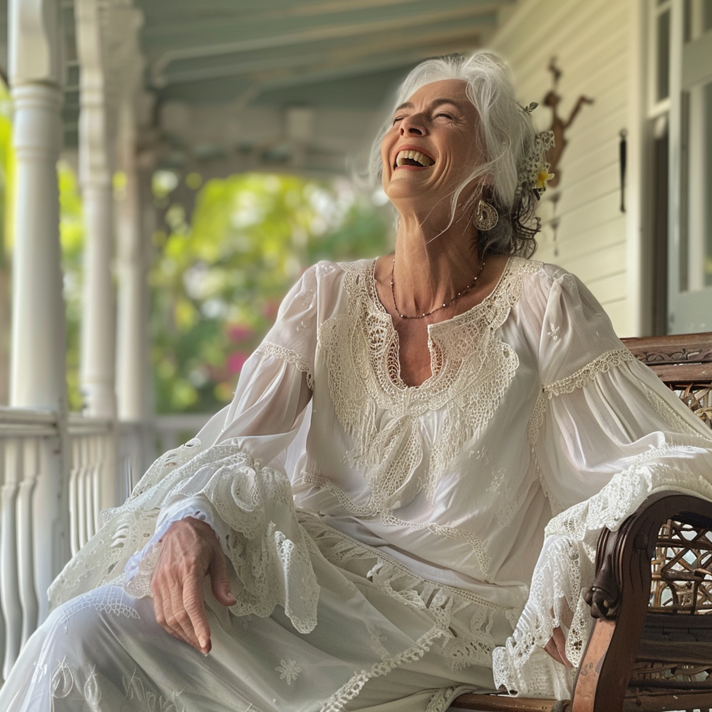 A woman laughing on a porch | Source: Midjourney
