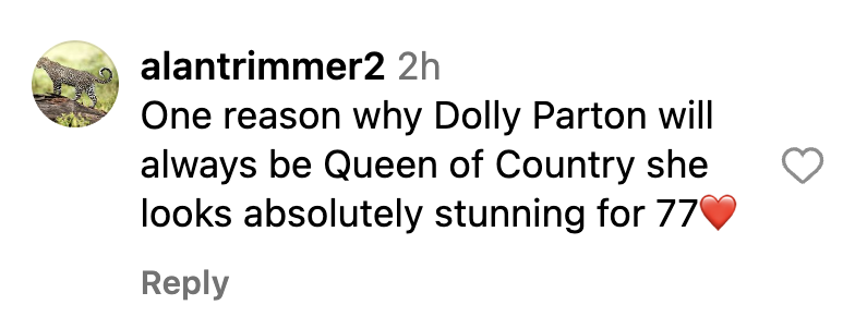 A fan comment on Dolly Parton's recent Instagram post dated November 2023 | Source: Instagram.com/dollyparton