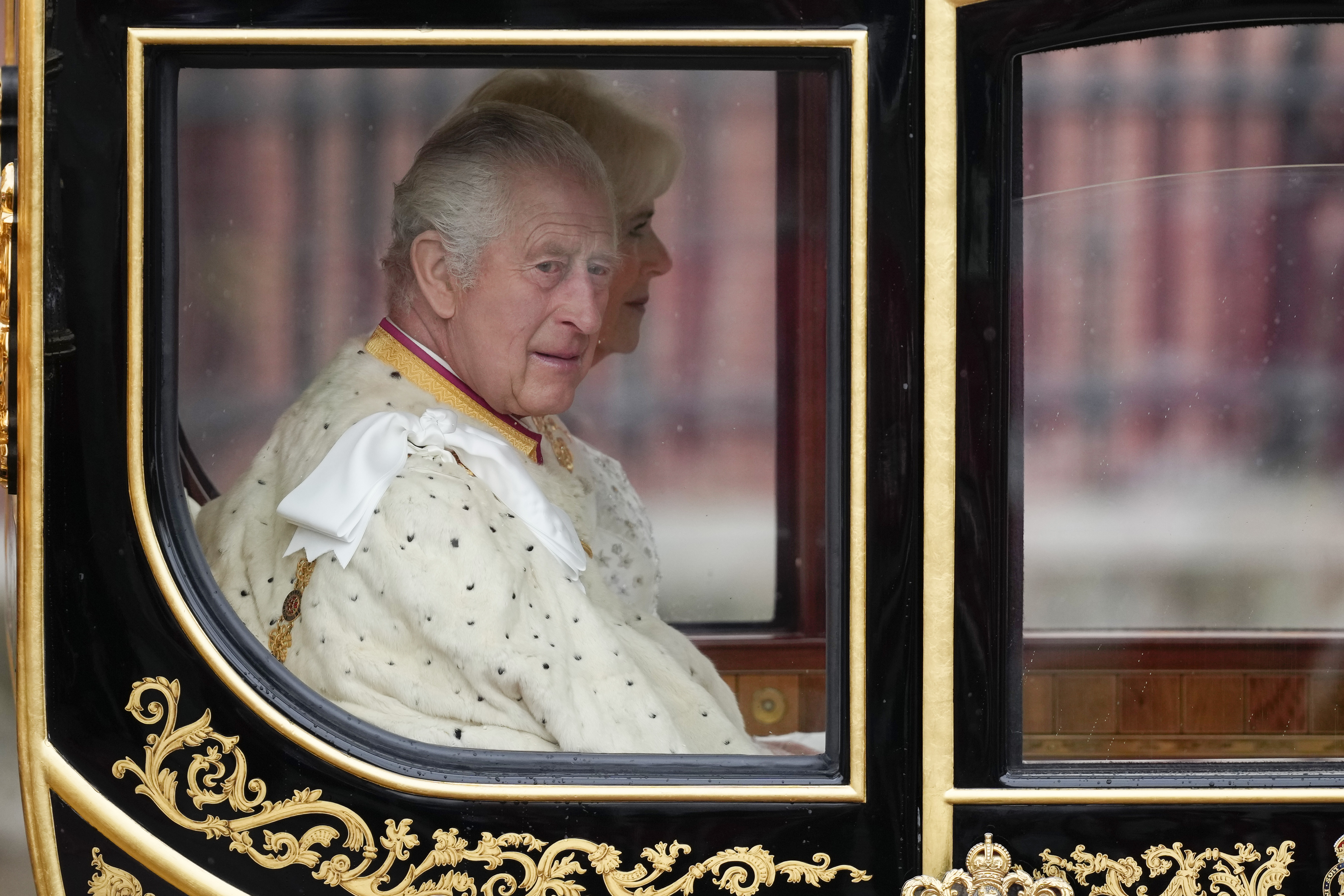 King Charles III and Camilla, Queen Consort, on their way to commemorate the 60th anniversary of the reign of Queen Elizabeth II at Buckingham Palace in London, England on May 6, 2023. | Source: Getty Images