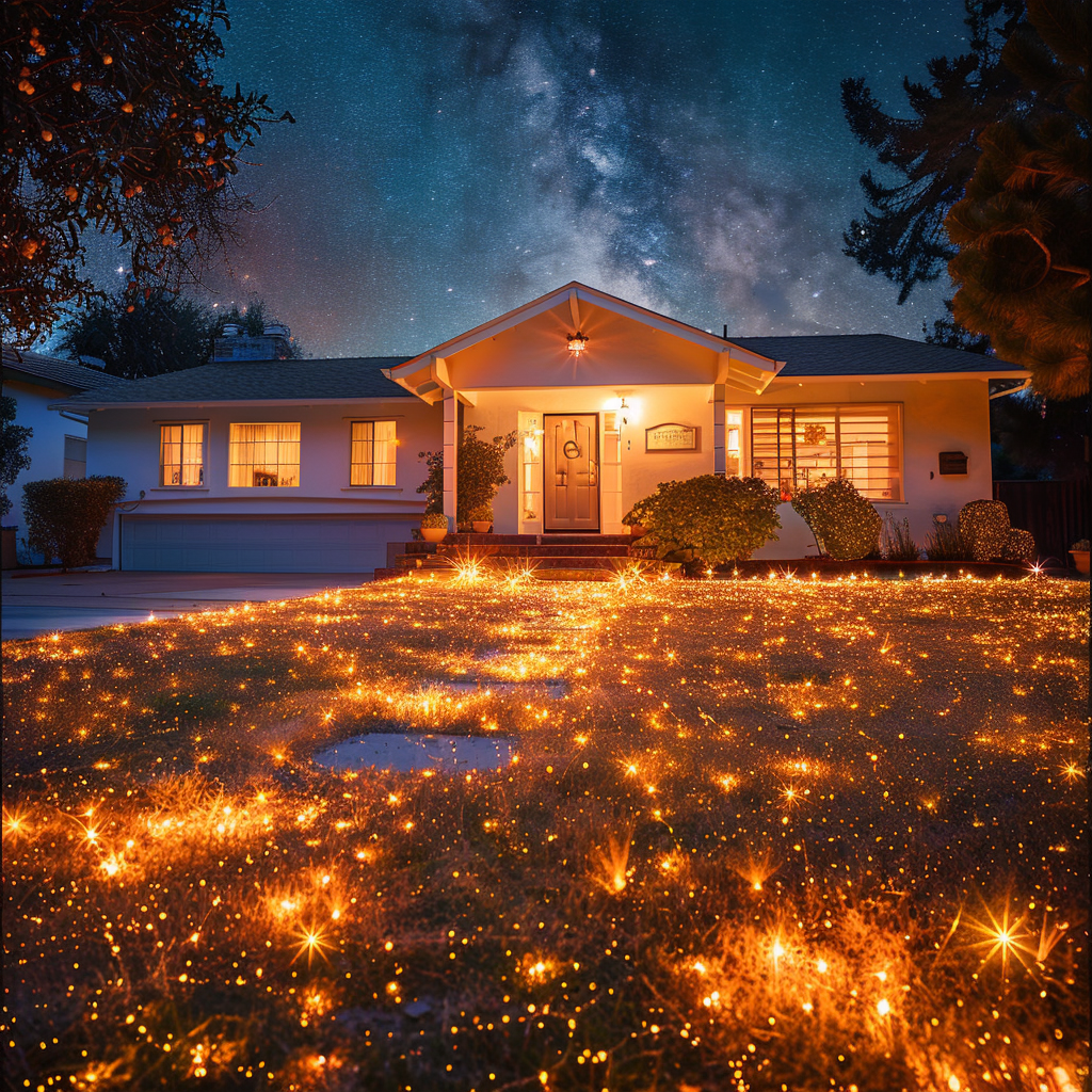 A front yard of a house covered in biodegradable glitter | Source: Midjourney