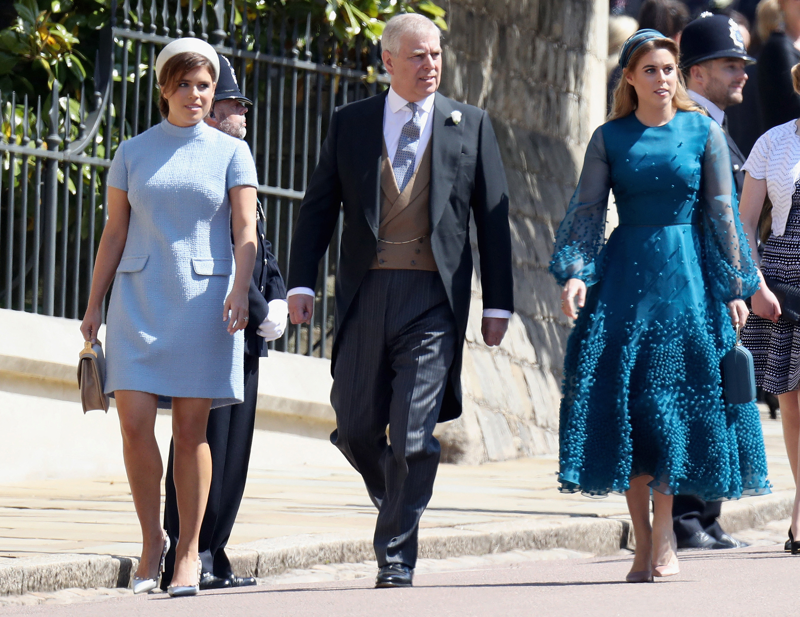 Princess Eugenie of York, Andrew Mountbatten-Windsor, and Princess Beatrice of York arrive for the wedding ceremony of Prince Harry, Duke of Sussex and Meghan, Duchess of Sussex at St George's Chapel on 19 May 2018 in Windsor. | Source: Getty Images