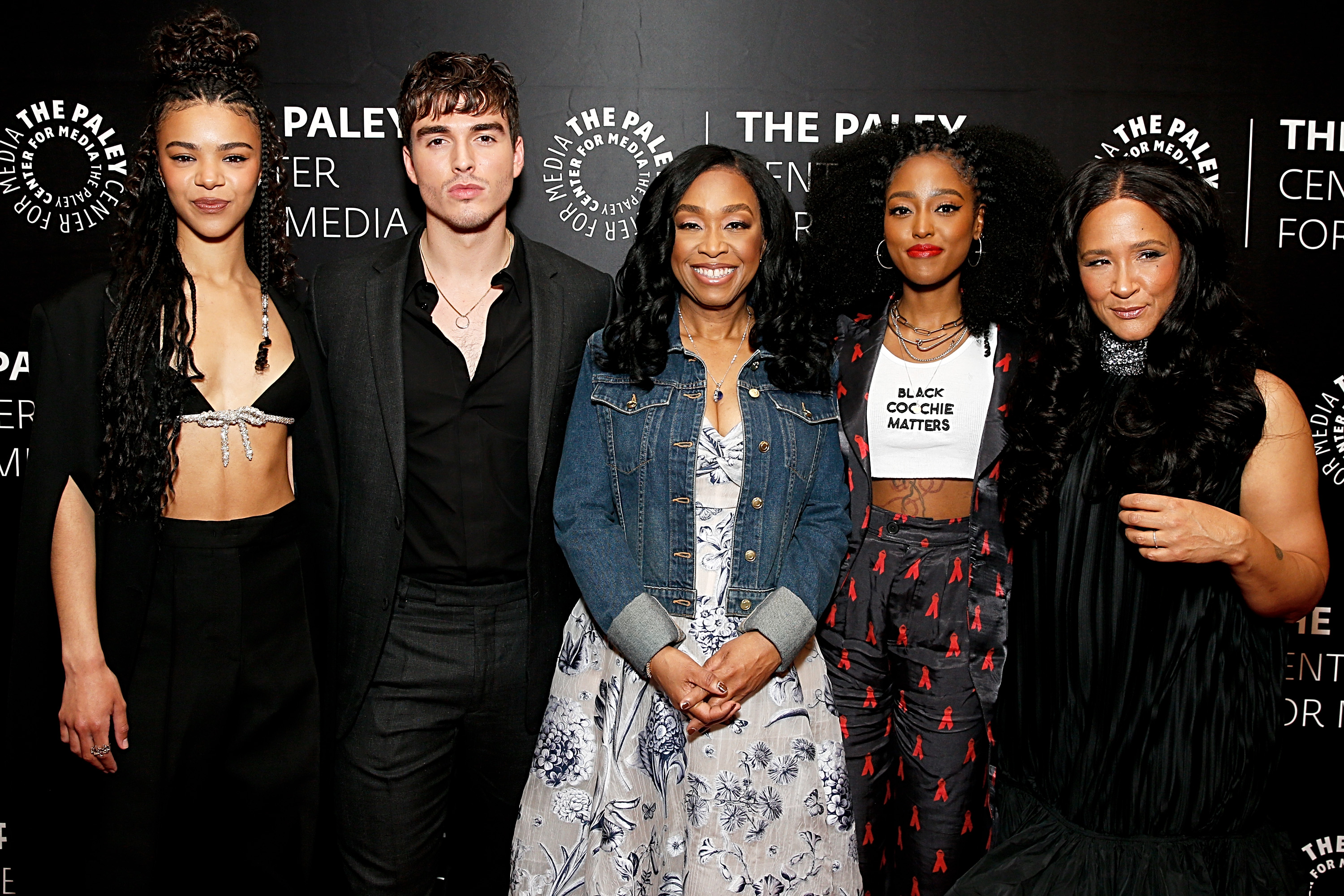 (L-R) India Amarteifio, Corey Mylchreest, Shonda Rhimes, Arsema Thomas and Golda Rosheuvel attend the celebrations of "Queen Charlotte: A Bridgerton Story" at The Paley Museum, on May 04, 2023, in New York City. | Source: Getty Images